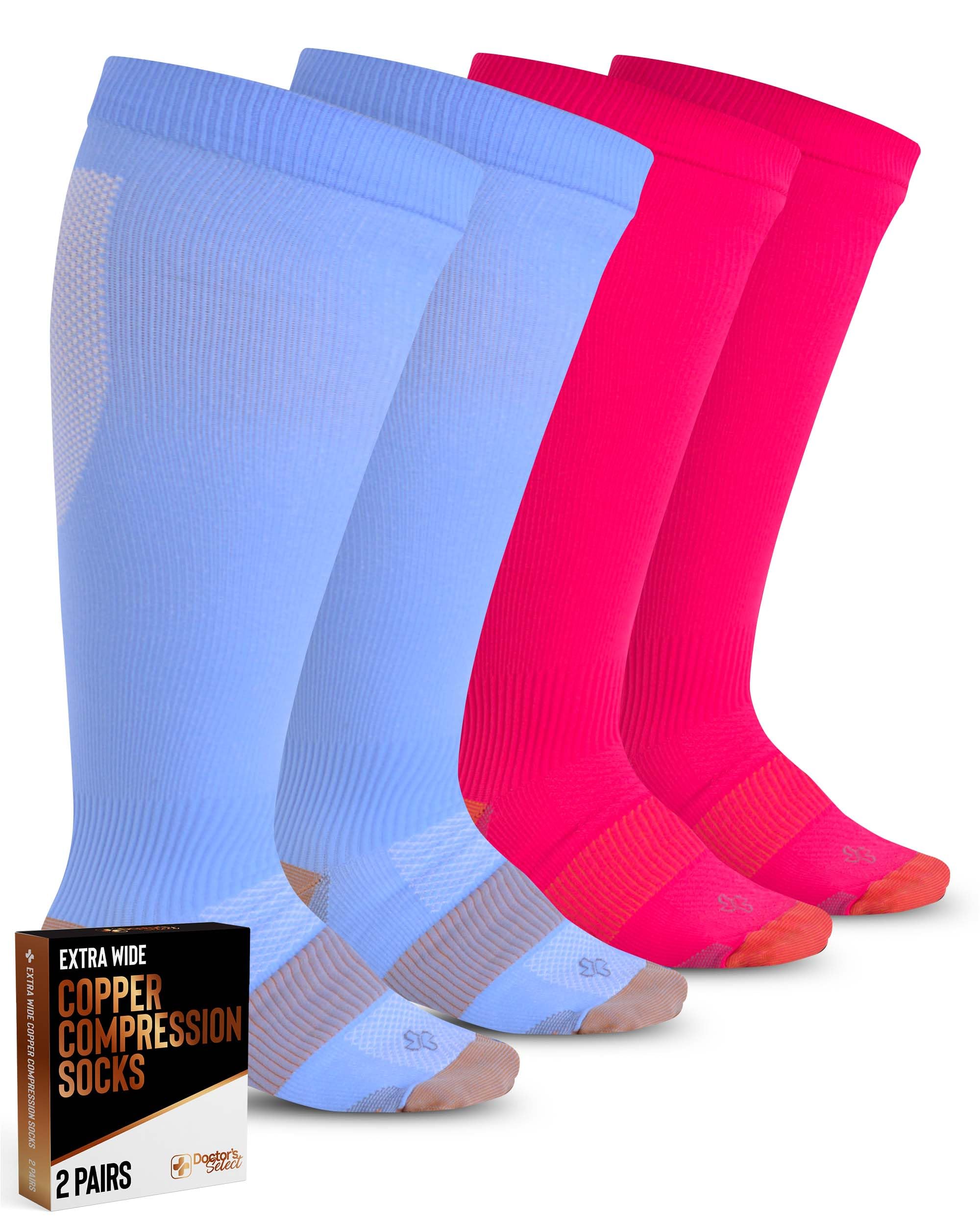 Doctor's Select Copper Plus Size Compression Socks Wide Calf - 2 Pairs | 20-30mmHg Extra Wide Calf Compression Socks Women | Extra Wide Calf Compression Socks for Traveling & Running | Copper Compression Socks Women & Men | Blue & Pink