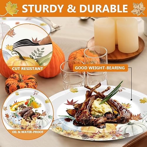 Miniatura 3 de Qyeahkj 50 platos de papel ovalados para fiesta de Acción de Gracias, grandes, 11 pulgadas, desechables, hojas de otoño, acuarela, calabazas azules,
