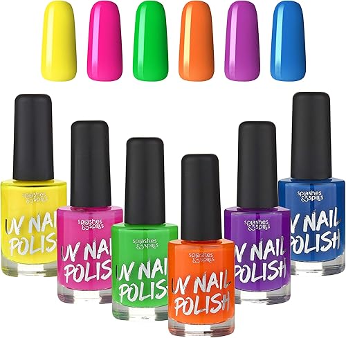 Esmalte de uñas UV Glow Blacklight, paquete de 6 colores variados, 0.4fl oz, para el día o la noche, para fiestas o disfraces, por Splashes & Spills