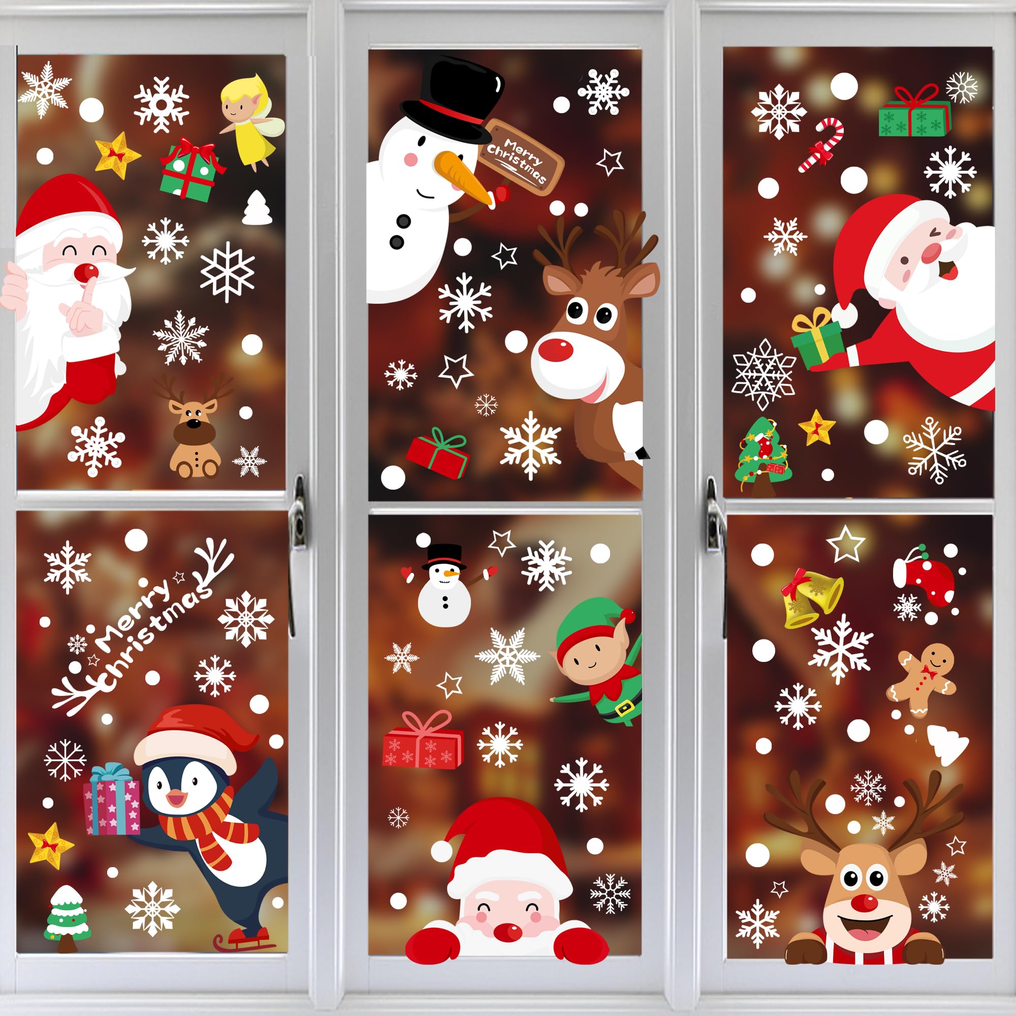 248Pcs Christmas Window Stickers, Snowflake Window Decals, PVC Static Xmas Double-Side Window Clings with Santa Claus Reindeer Decorations, Easy to Use, 9 Sheets