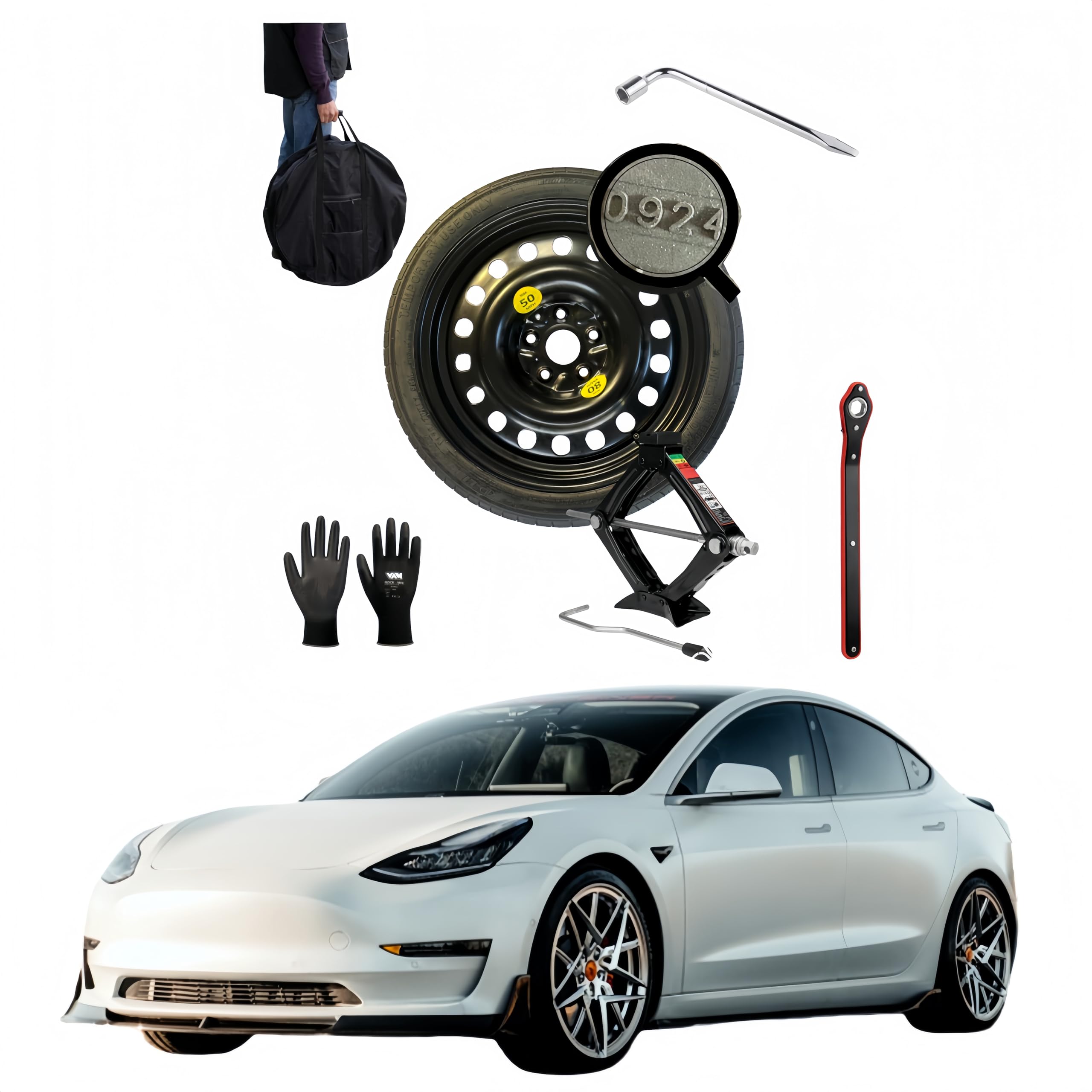 Ersatzrad-Set 19 Zoll, kompatibel mit Tesla Model 3 mit Wagenheber, Schlüssel, Handschuhe und Tasche 125/70r19