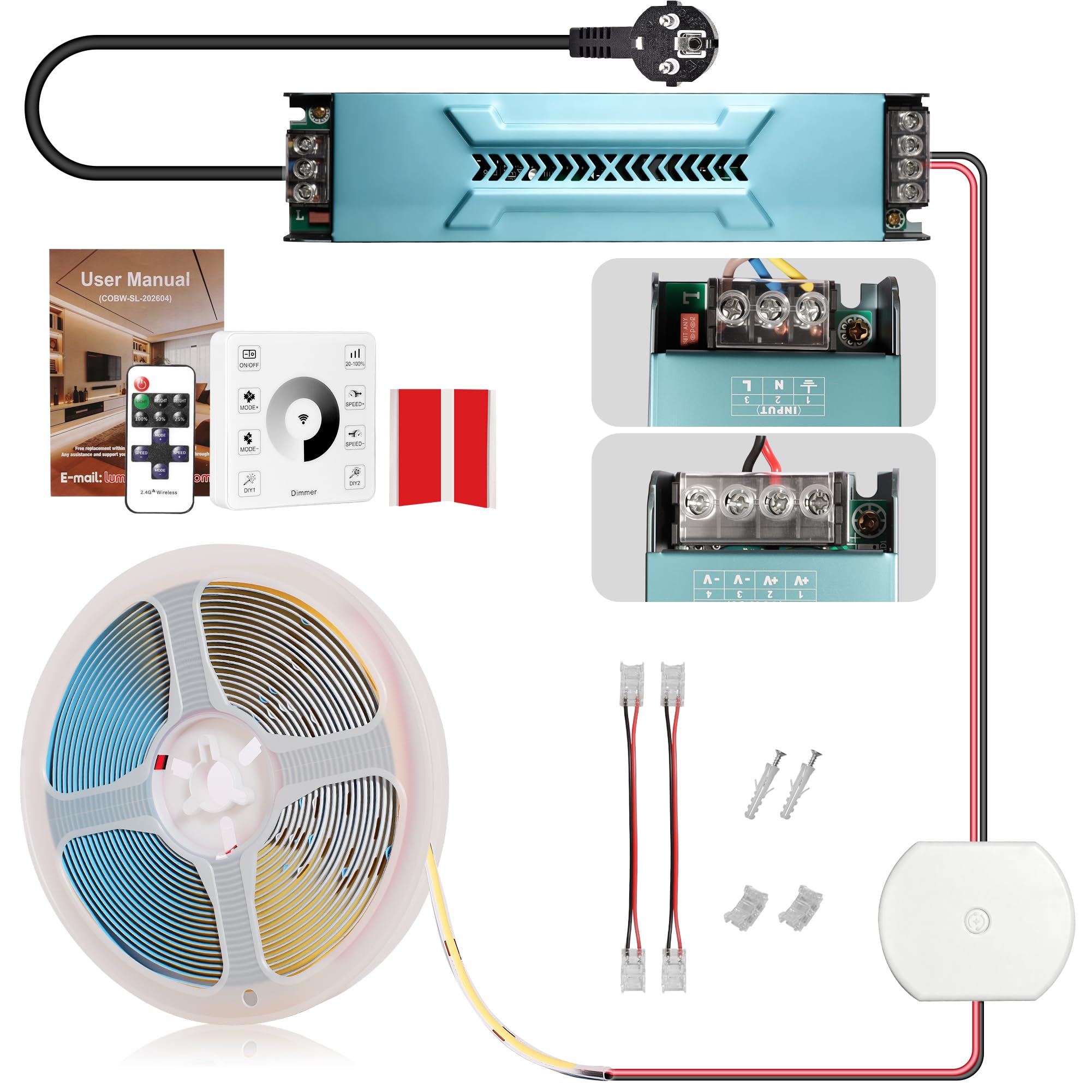 24V COB LED Streifen 20M Dimmbar 3000K LED Strip Warmweiss kürzbar, Alexa Kompatibel, 10W/M, 336 LEDs/M, CRI 93+, 1000lm/M LED Band mit Netzteil für Schlafzimmer, Küchenschränke, Wohnzimmerdecke