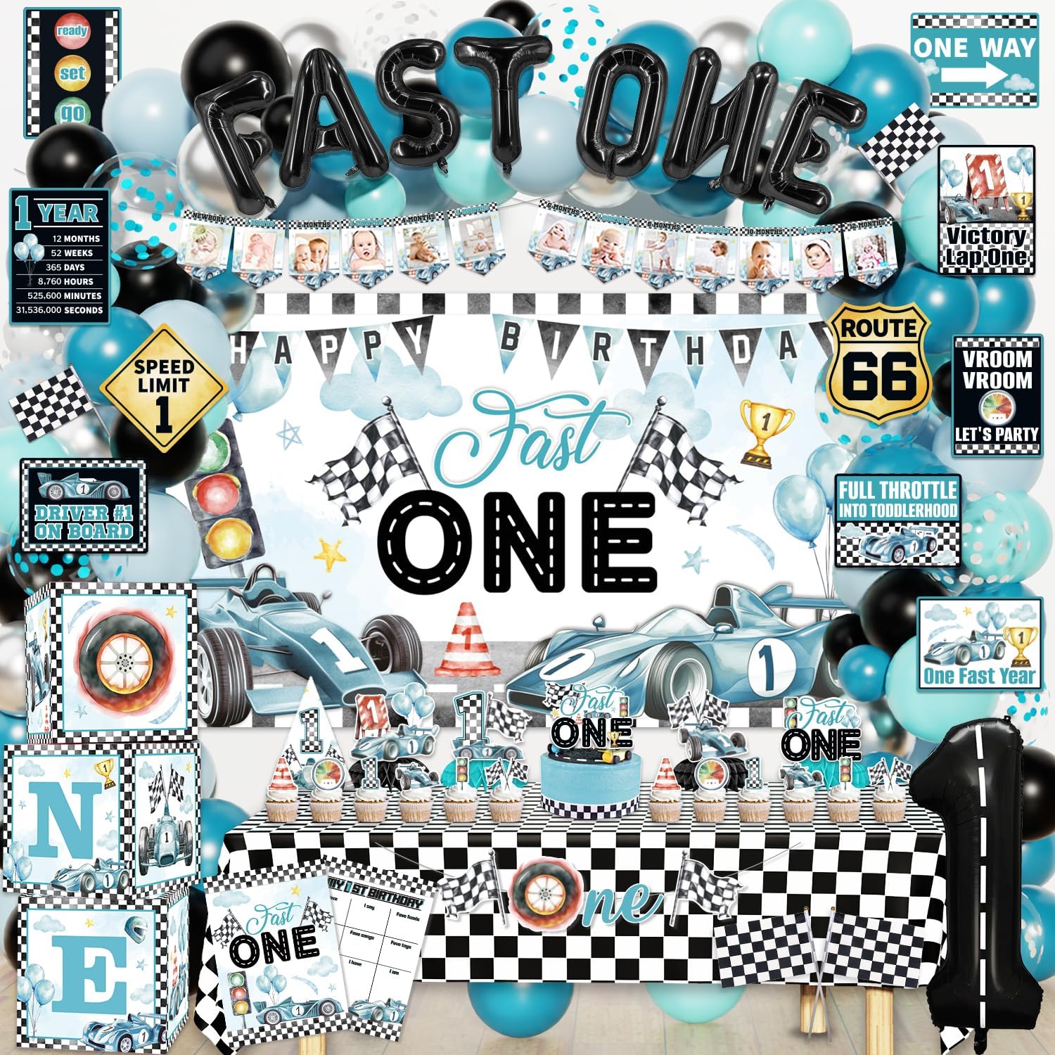Mpanwen Fast One Birthday Decorations for Boys, 143Pcs Race Car Racing 1st Party Decor Supplies for Baby - Banner, Cake Toppers, Balloons, Tablecloth, Centerpieces, Crown, Poster, Boxes, Wall Signs