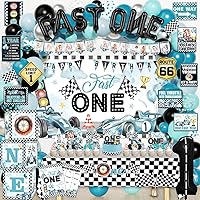 Vista 1 de Mpanwen Fast One - Decoraciones de cumpleaños para niños, 143 piezas de suministros de decoración de primera fiesta de carreras para bebé, pancarta