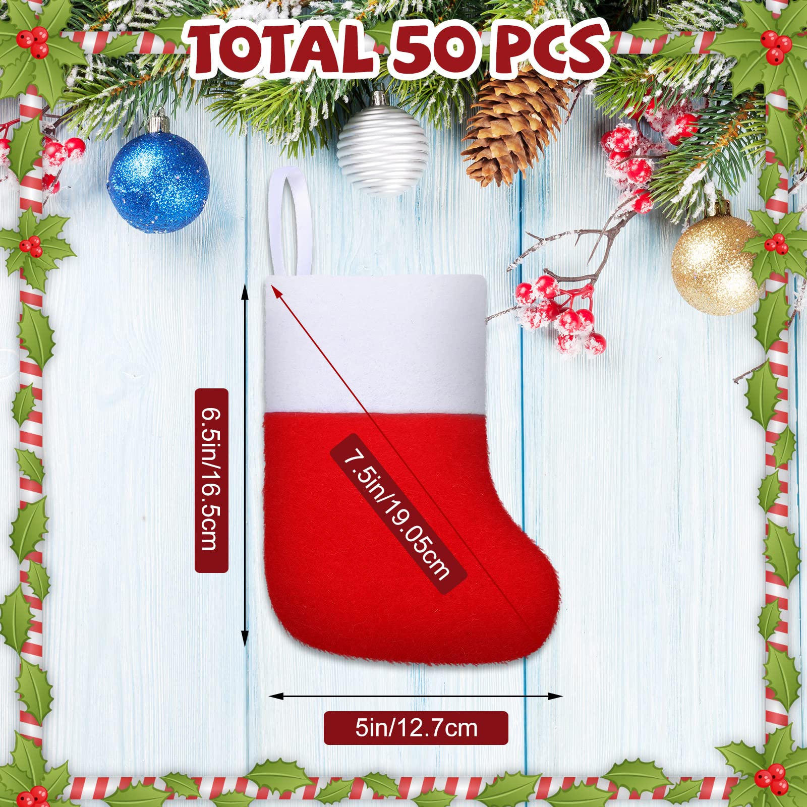 Weihnachten Mini Strümpfe Filz Stoff Weihnachtsstrümpfe Rot Geschenk Karte Baumhalter Kleine Weihnachtssocken Dekoration Einfarbig Weihnachten Urlaub Strümpfe für Xmas Party Geschenke Ornamente (50)