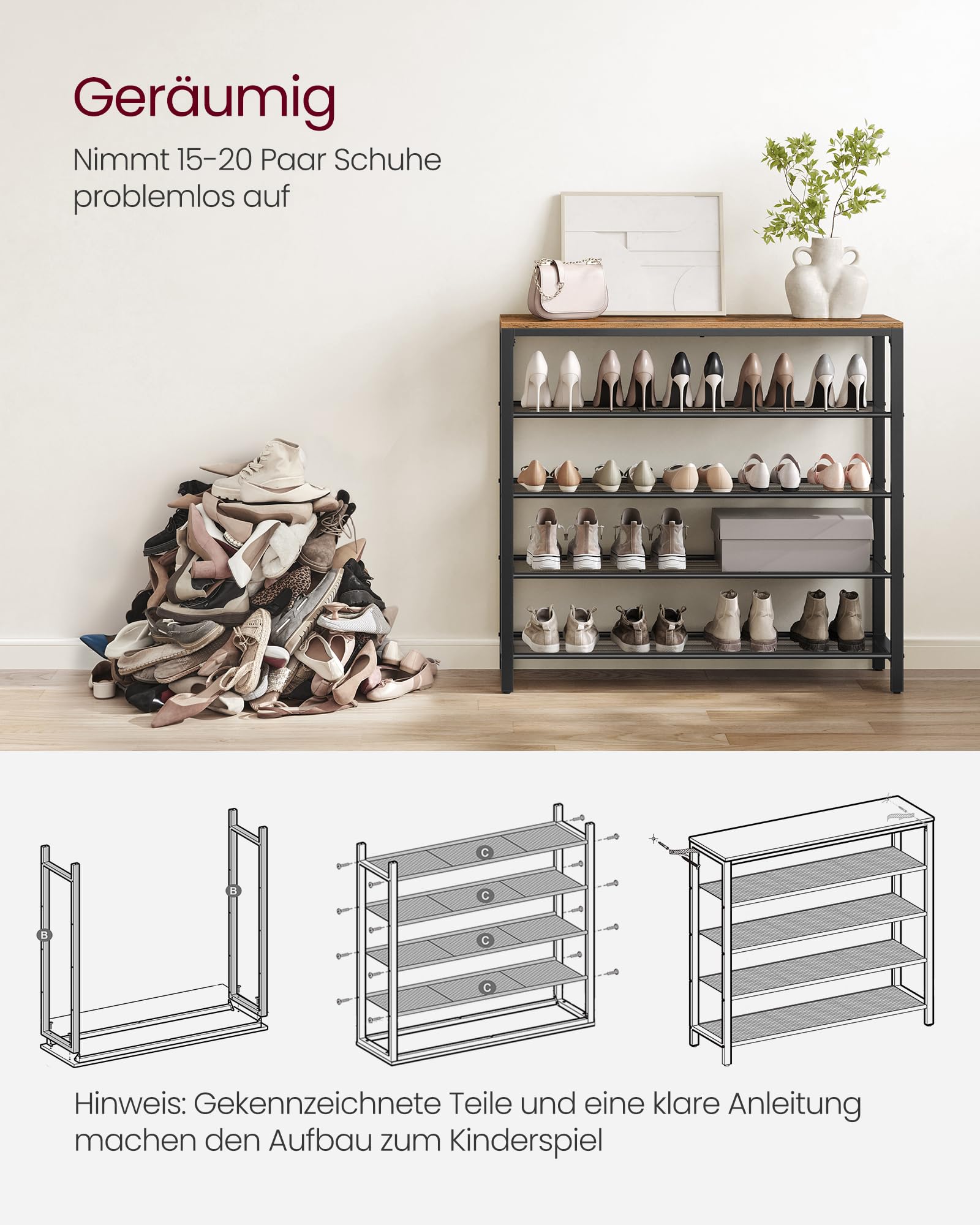 Vertikales Schuhregal mit Ablagefläche für Taschen
