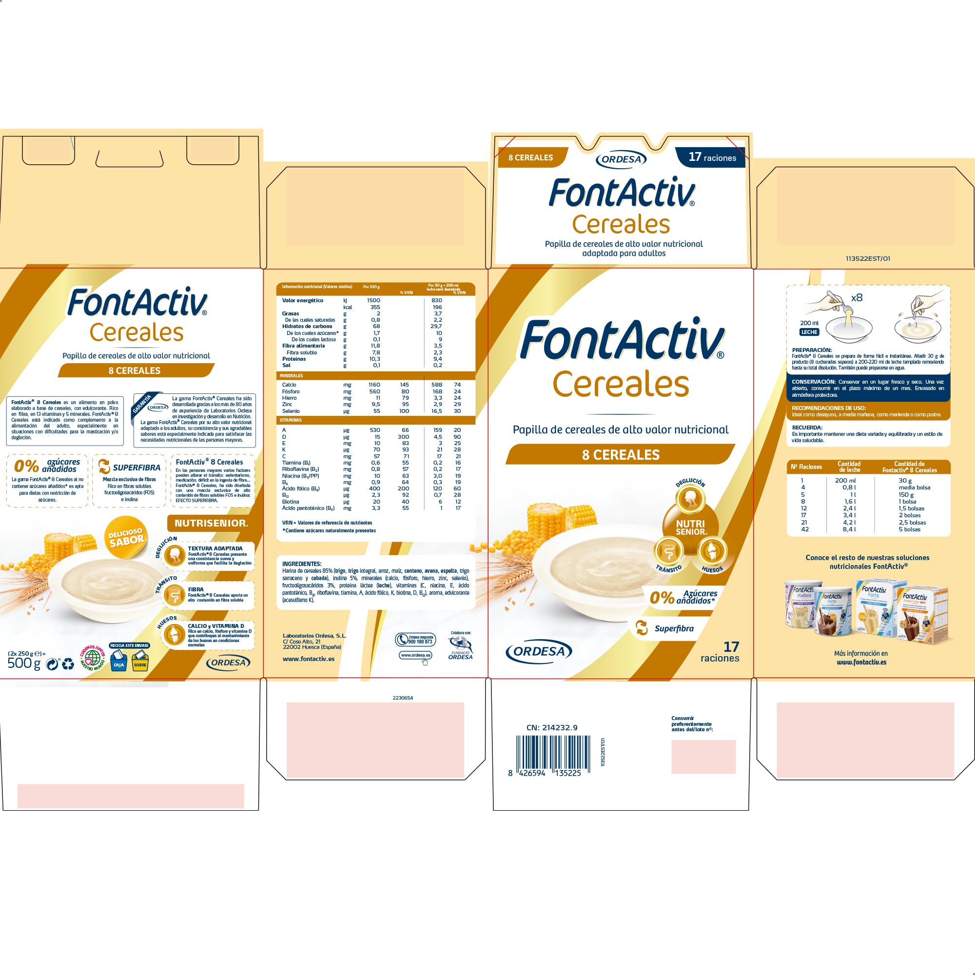 FontActiv 8 Cereales 500g Papilla Cereales Adultos Mayores Arroz Avena Maíz