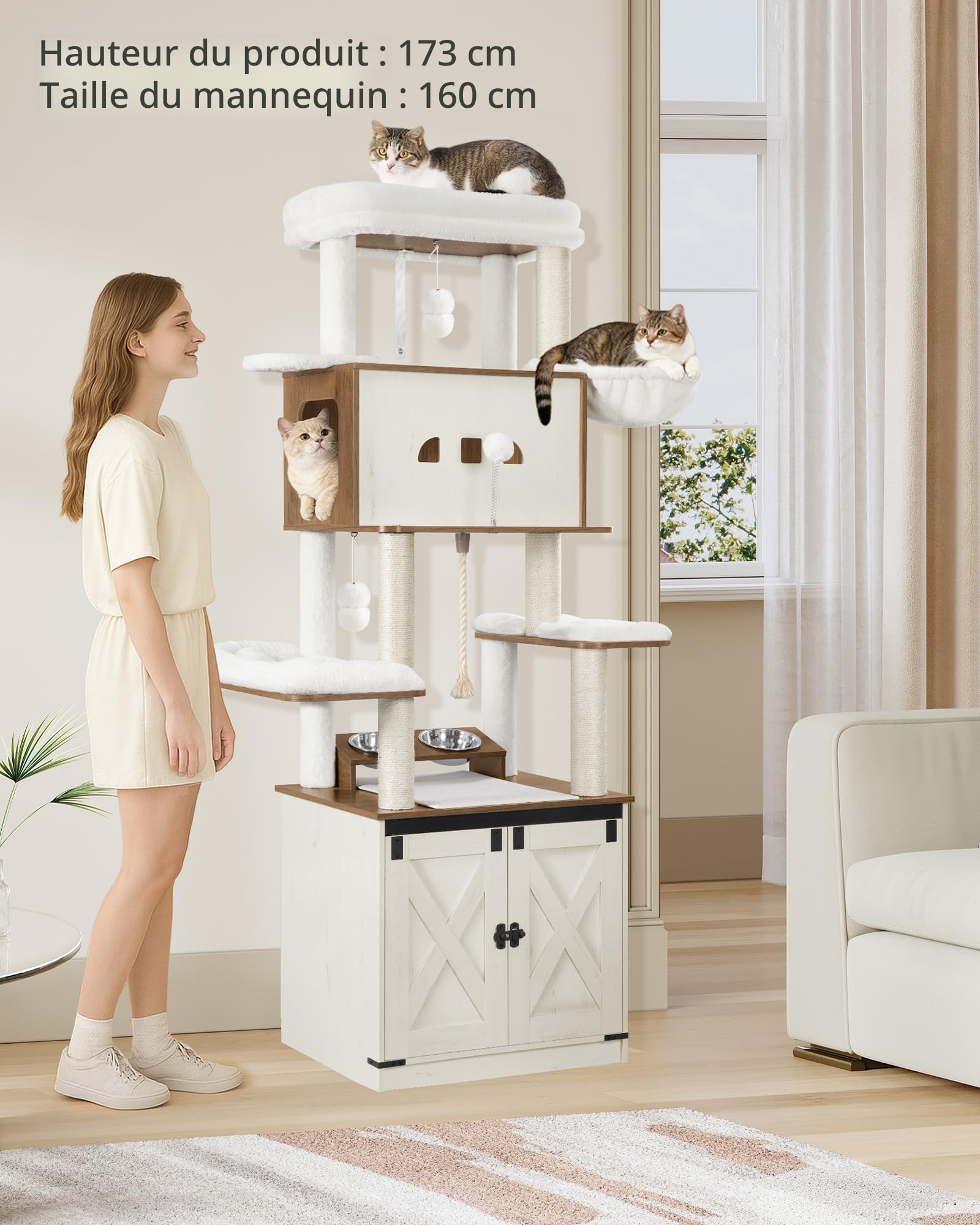 Hzuaneri Arbre à Chat avec Meuble Litiere Chat, Mangeoire, Hauteur 173 cm, avec Grande Plateforme, Corde en Sisal, Hamac, Coussin Lavable, Balles en Peluche, Blanc et Marron CB89014WT