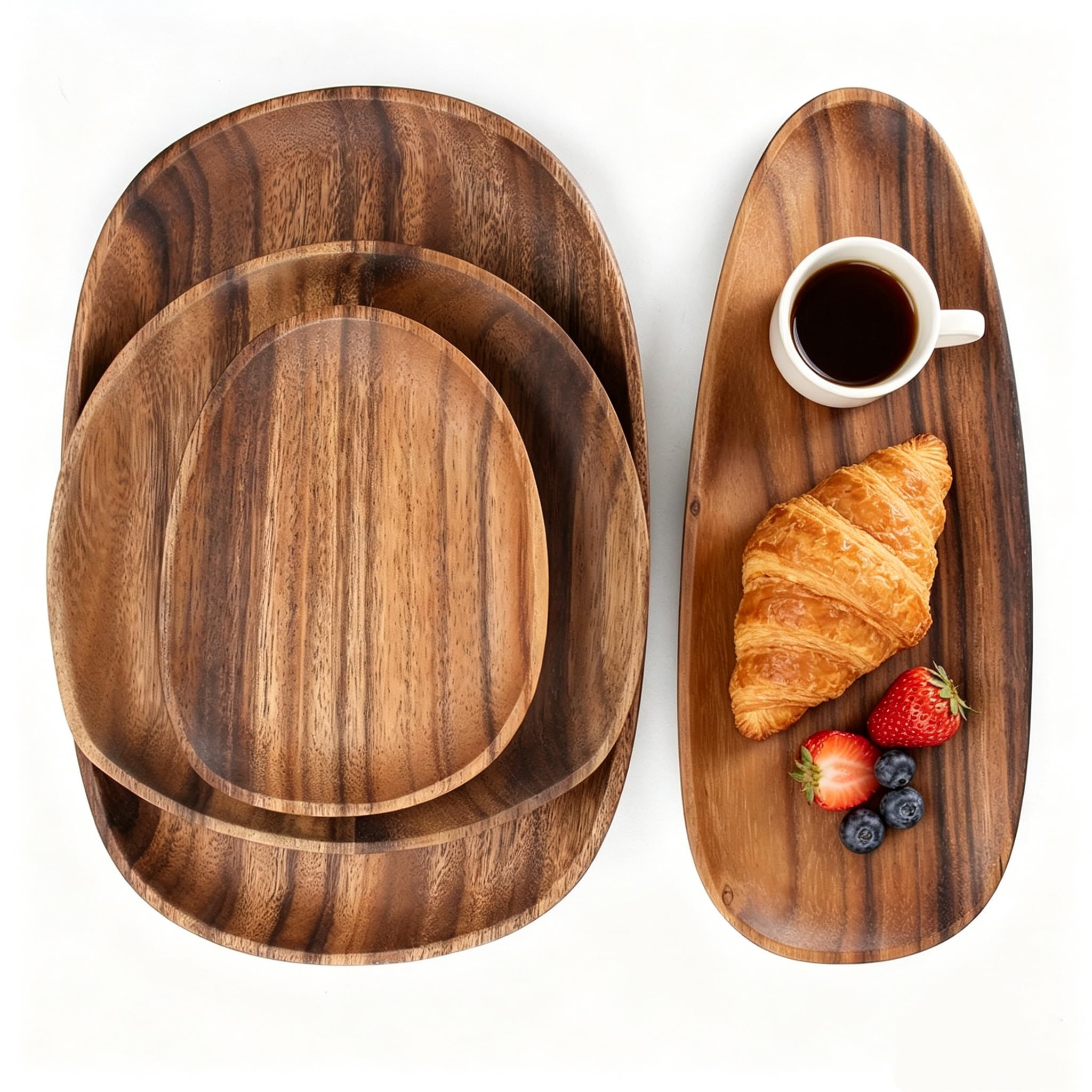 Wooden Serving Plates, Set of 4 Dinner Tray, Irregular Round Wooden Platter for Snacks, Cheese, Appetizers, Dessert, Sushi, Fruit, Salad