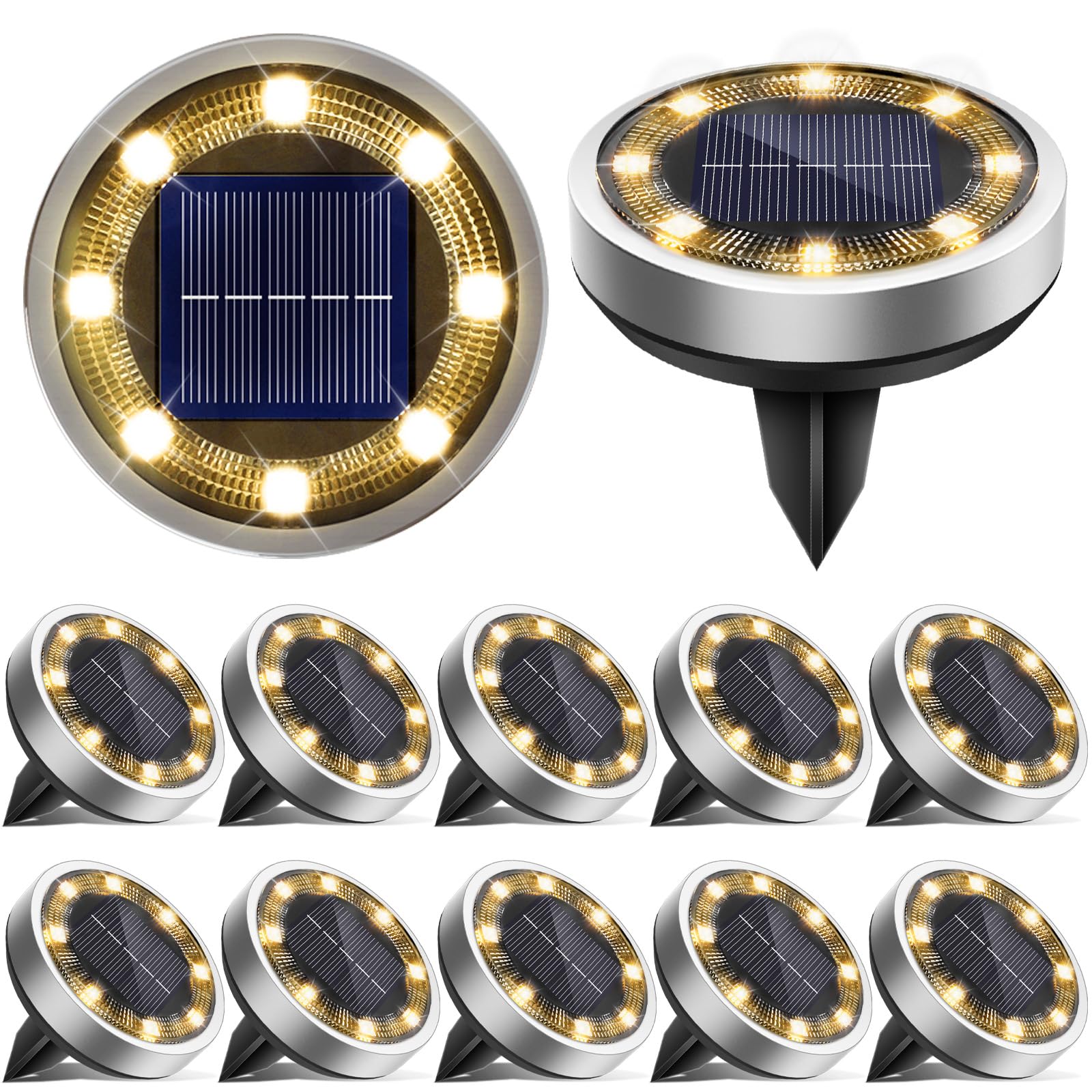 vighep Solar Lights Outdoor Garden, 12 Pack Super Bright Led Solar Ground Lights, IP65 Waterproof Disk Light