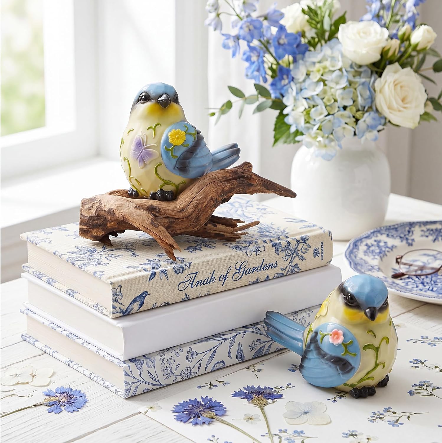Blulu 2 Pcs Blue Birds Figurines Home Decor Cerulean Resin Birds Statues image 3