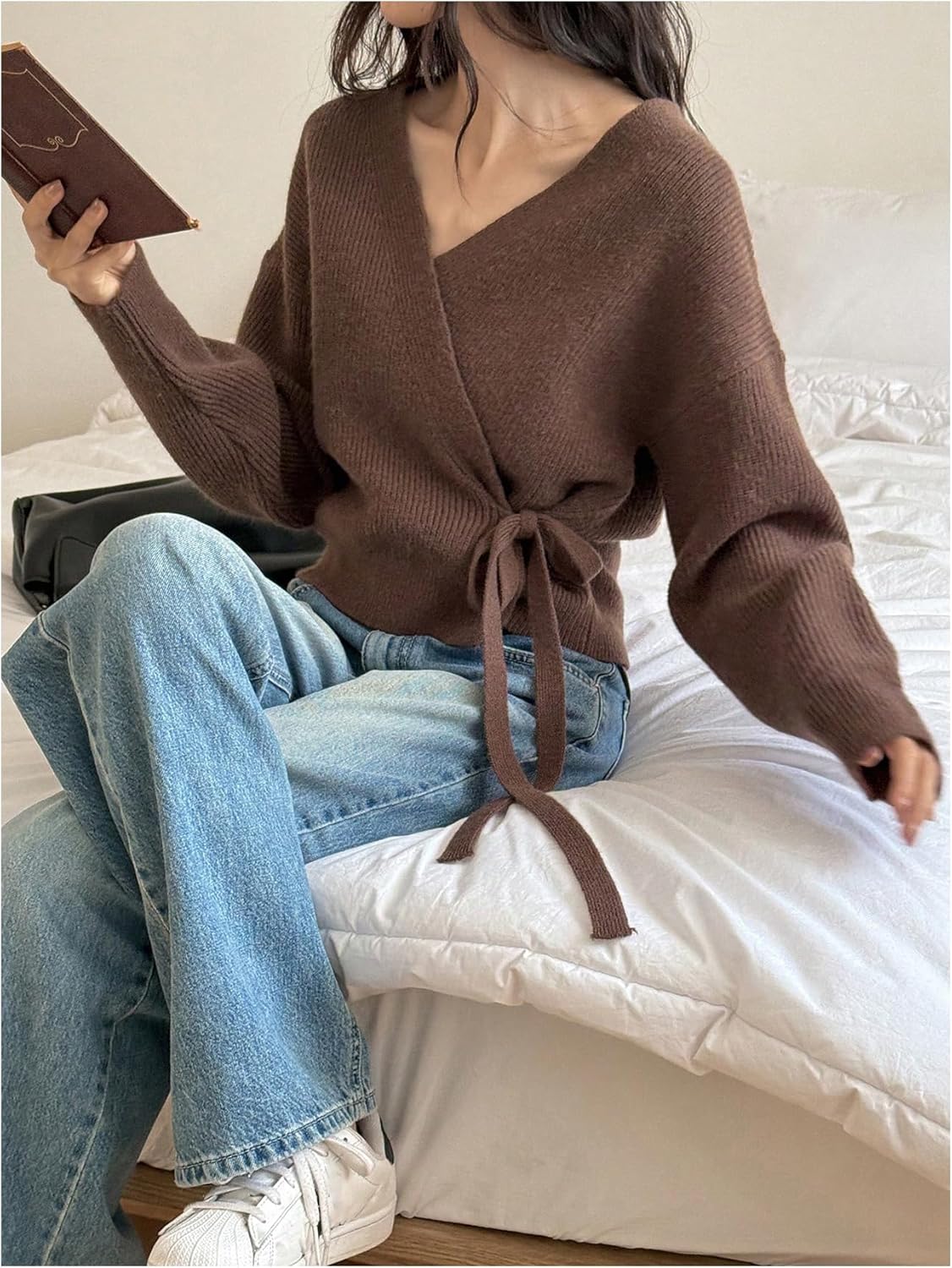 SweatyRocks Women's Wrap Cardigan Sweaters Tie Front Long Sleeve Soft Knit Dressy Work Tops