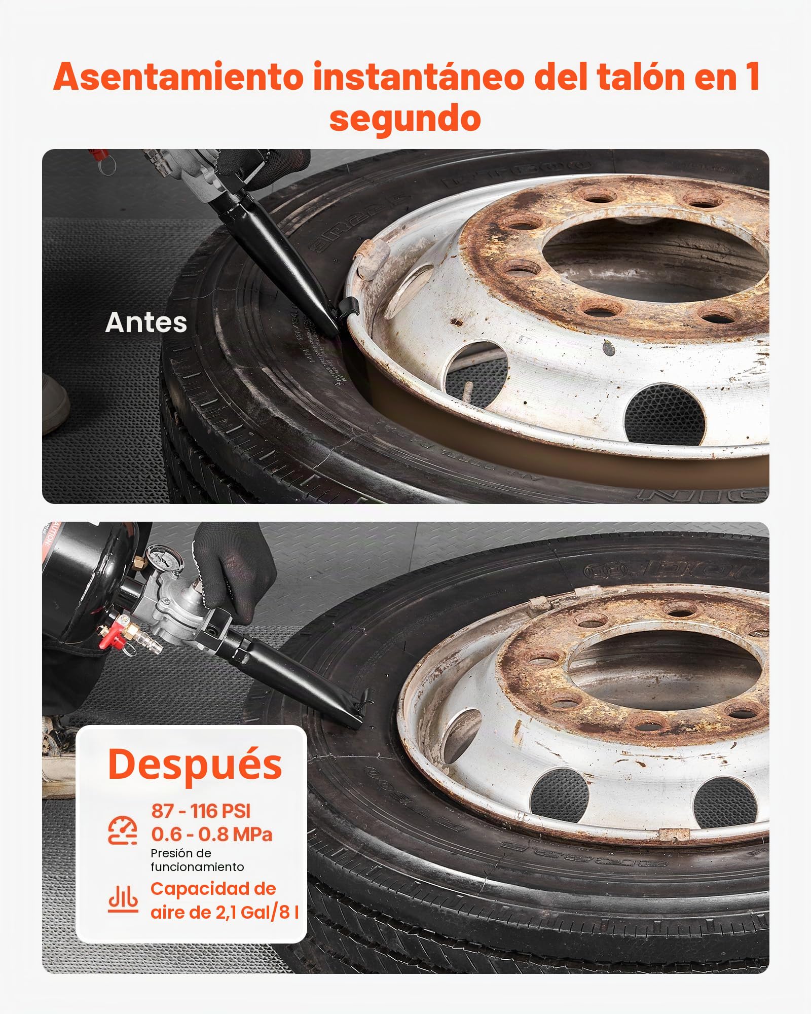 VEVOR Máquina de Granallado de Neumáticos, Capacidad 8 L, Inflador de Neumáticos Portátil Mejorado, 0,6-0,8 MPa, para Coche, Bicicleta Eléctrica, Autocaravana, ATV, Negro, 775 x 160 x 200 mm