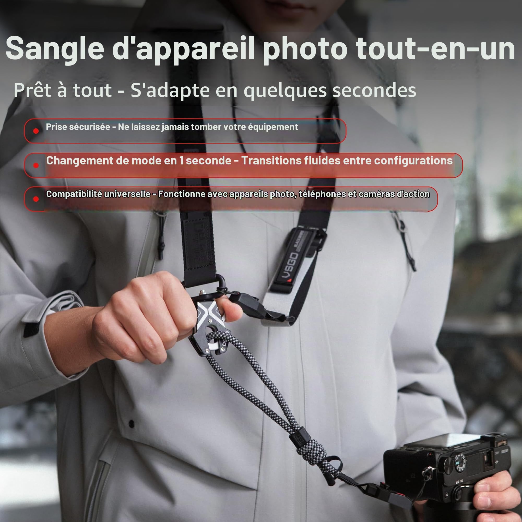 VSGO Black Snipe Urban Sangle d'appareil photo – Libération rapide, anti-torsion, sangle confortable en nylon, compatible avec reflex numérique, sans miroir, téléphone et caméra d'action, gris et noir