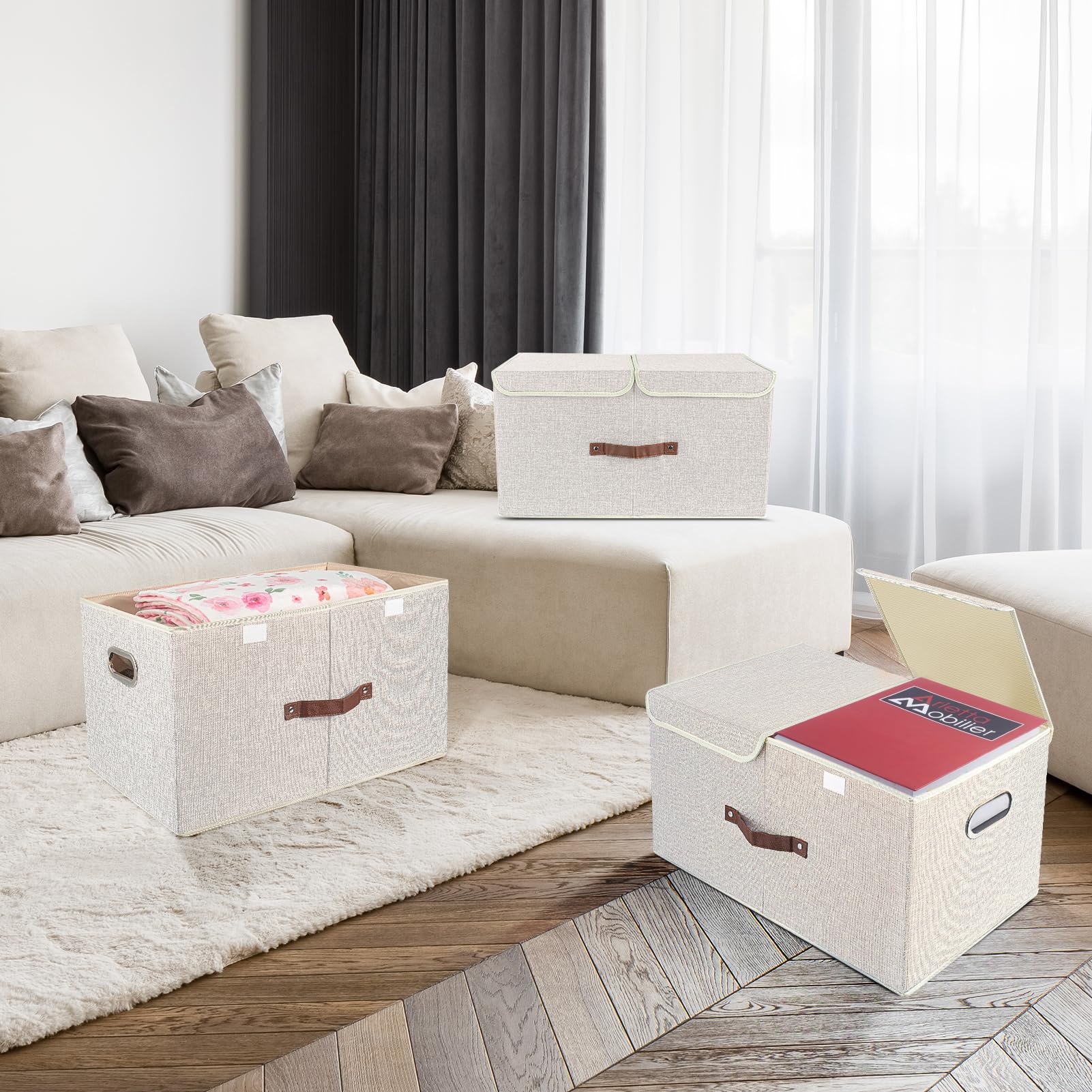 TYEERS Caja de Almacenaje con Compartimentos Extra Grande, Tela, Plegable, Caja Organizadora, 55x33x30 cm, Juego de 3, Beige