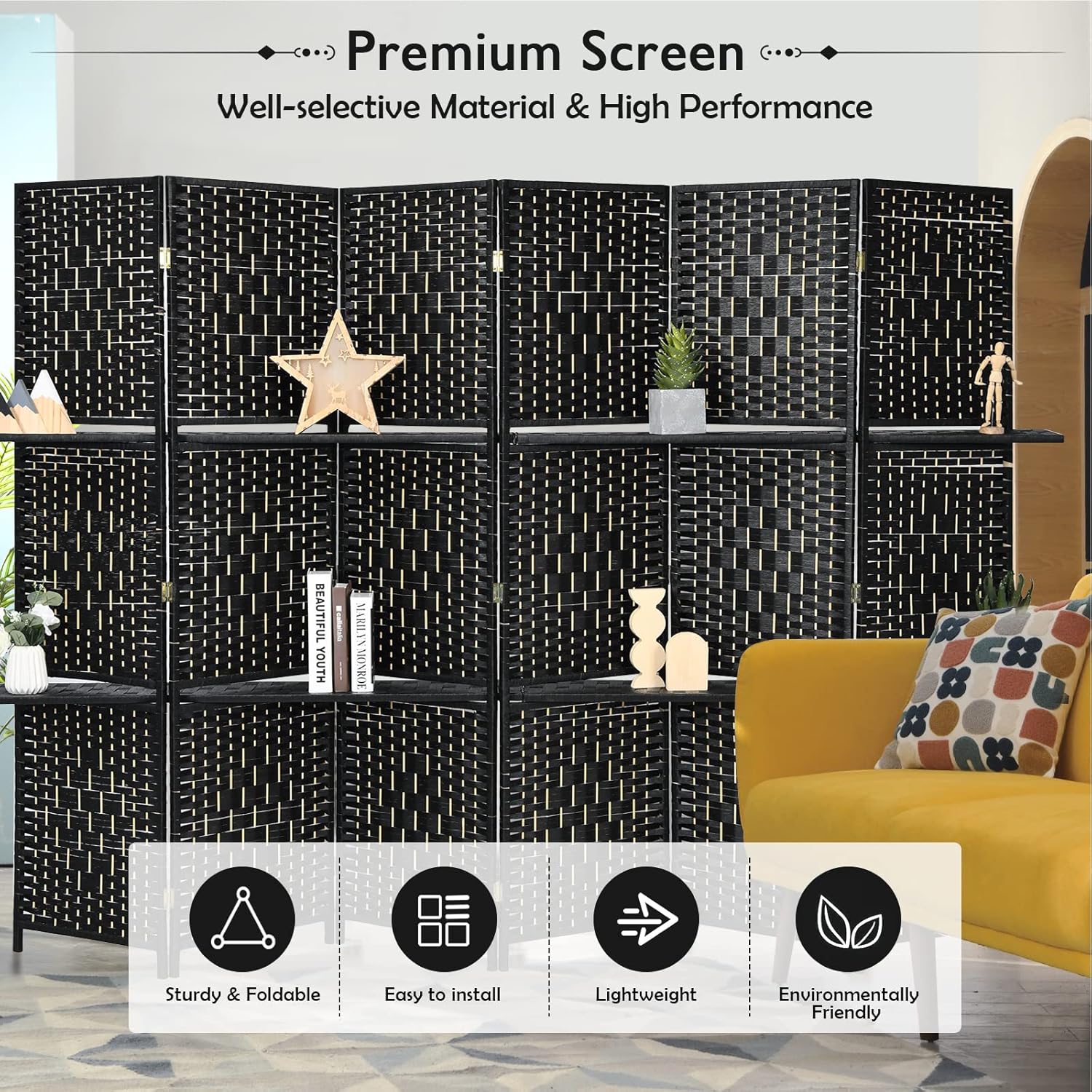 Giantex 6Ft 6 Panel Room Divider with Shelves, Freestanding Hand-Woven Rattan Folding Privacy Screens for Room Separation, Wooden Partition Room Divider Wall for Home Office Studio Separator