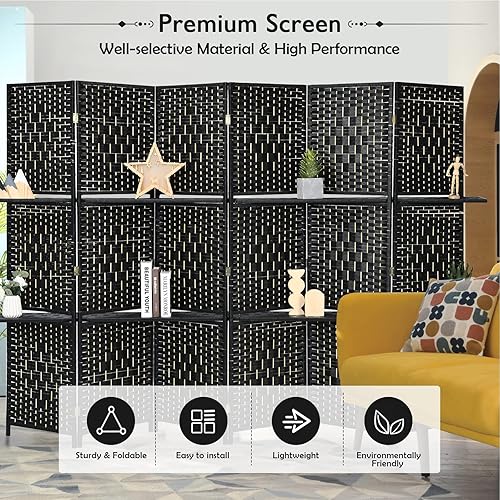 Miniatura 6 de Giantex Divisor de habitación de 6 pies y 6 paneles con estantes, pantallas de privacidad plegables de ratán tejido a mano para separación de Negro