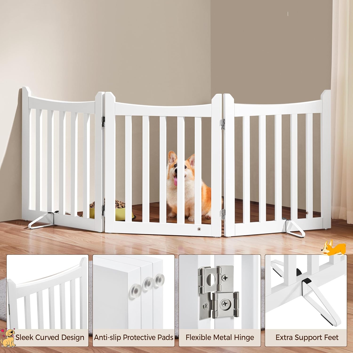 Yaheetech Freestanding Pet Gate 3-Panel Wooden Dog Fence with 2 Support Feet Folding Dog Gate for Indoor, Stairs, Doorways, Halls, Kitchen Wooden Pet Barrier White 24" H