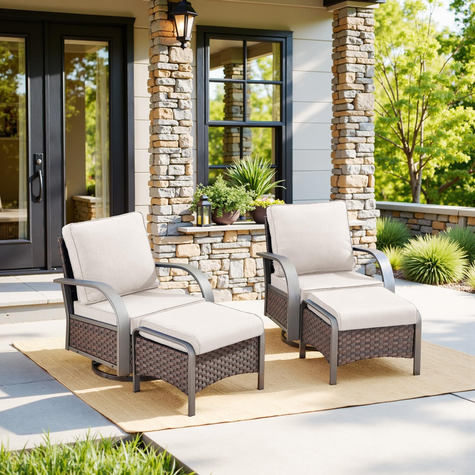 Belord 4 Pieces Patio Furniture Sets - Swivel Rocker Outdoor Chairs with Ottomans, All Weather Wicker Swivel Furniture Glider Seating Set for Porch
