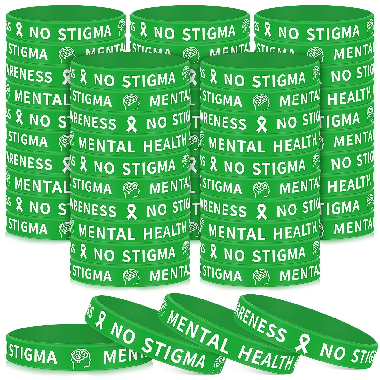 Leyndo 200 Pcs Mental Health Awareness Silicone Bracelet Green Rubber Silicone Wristbands Bulk Unisex Motivational Mental Health Bracelet Gift for