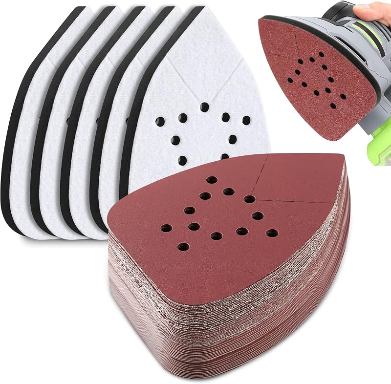 5 Pcs 12 Holes Foam Sanding Pads with 50 Pcs Mouse Sander Sandpaper | Compatible with Black & Decker Mouse Sanders, in 60/80/120/150/220 Grits, Mouse Detail Sanding Interface Pad