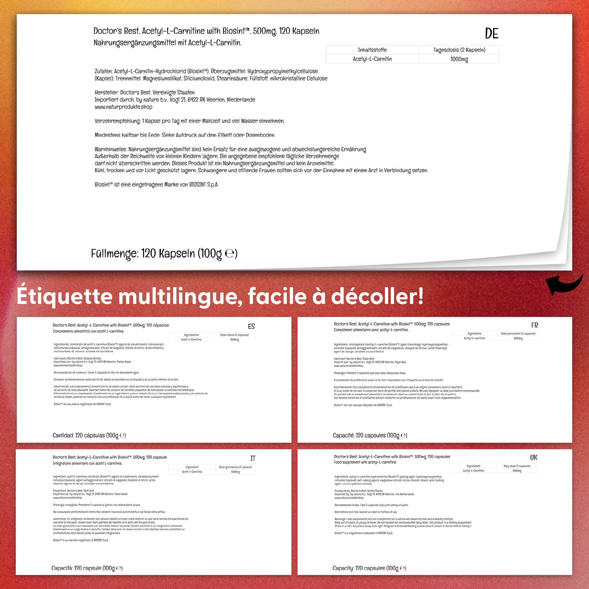 Doctor's Best, Acetyl-L-Carnitin, 500mg, 120 Capsules végétaliennes, Sans Gluten, Sans Soja, Végétarien, Sans OGM