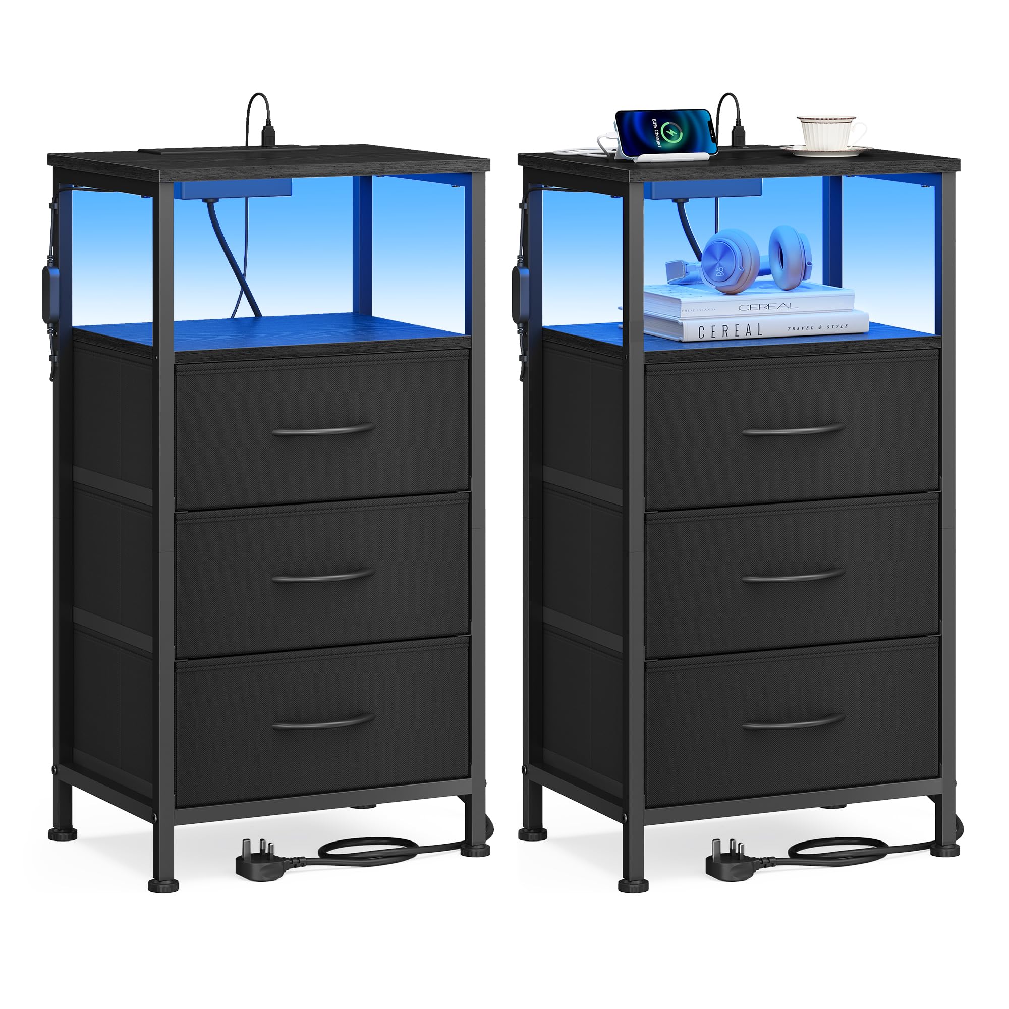 SONGMICS BELLAH Collection - Bedside Table with Charging Station, Side End Table with App-Controlled Adjustable LED Lights, Modern, 1 Shelf, 3 Drawers, Set of 2, Ink Black LGS203B103