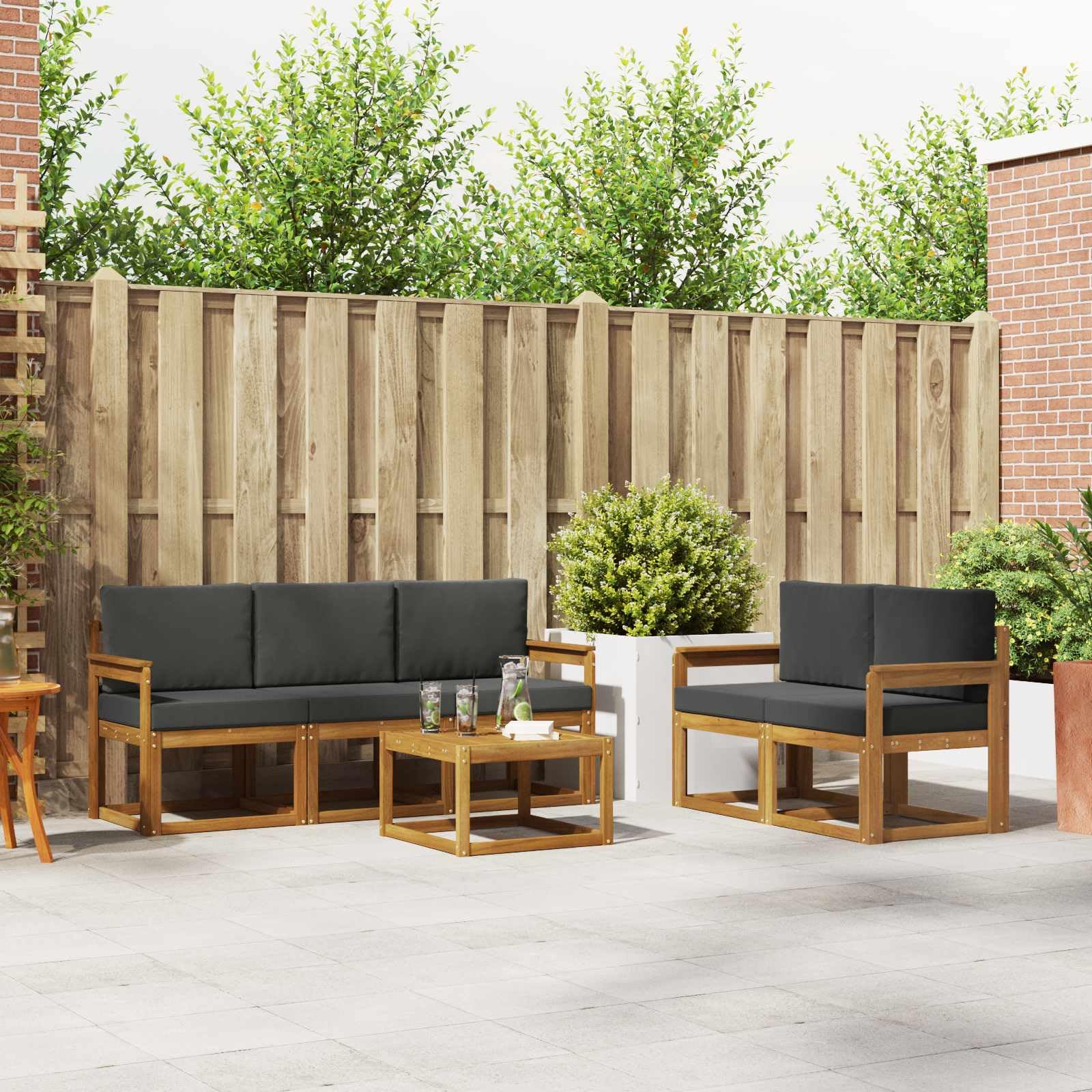Outdoor-Sofagarnitur aus massivem Akazienholz mit Kissen 6-teilig Natur und Anthrazit, wetterbeständig, modulare Sitzgruppe mit Tisch, ideal für Garten Terrasse und entspannte Abende