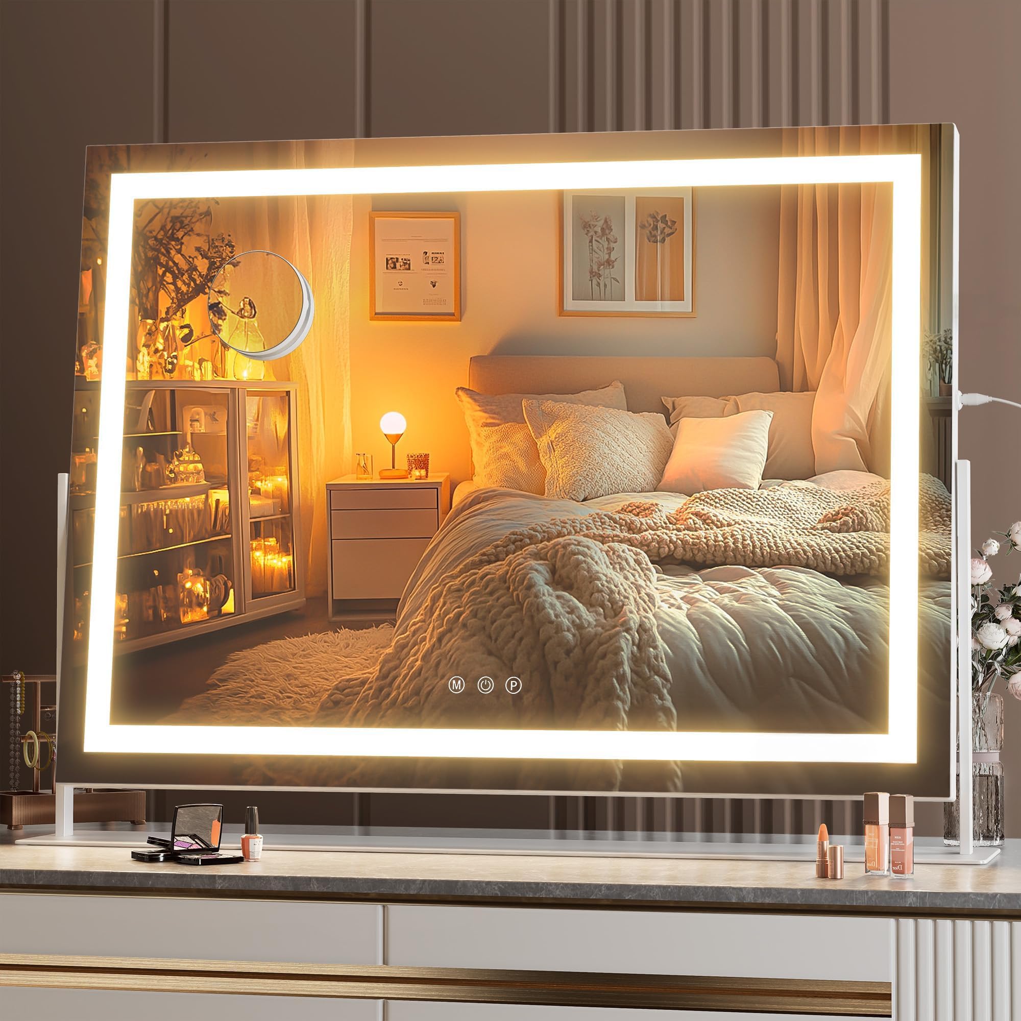 Hasipu Vanity Mirror with Lights, 75 x 55cm LED Make up Mirror, Light up Mirror with 10X Magnification and Brightness Adjustment, 3 Color Dimmable, Smart Touch & 360° Rotation, Square White