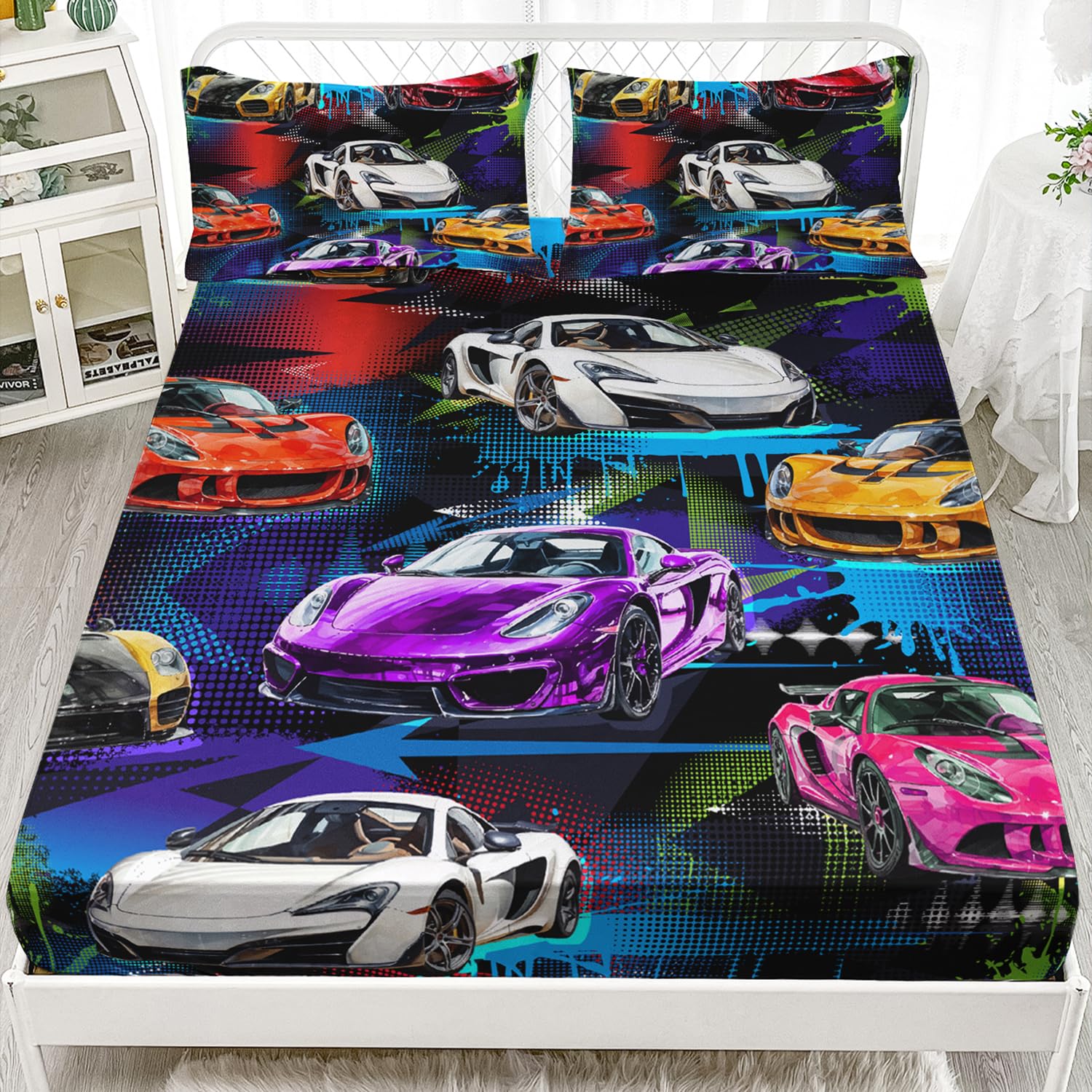 AILONEN Racing Car Fitted Sheet for Kids Boys Teens Full Size, Extreme Sports Bedding Sets,Cool Speed Race Bed Sheet Set,Colorful Car Theme BedSheets Set,1 Fitted Sheet 2 Pillowcases,3 PCS