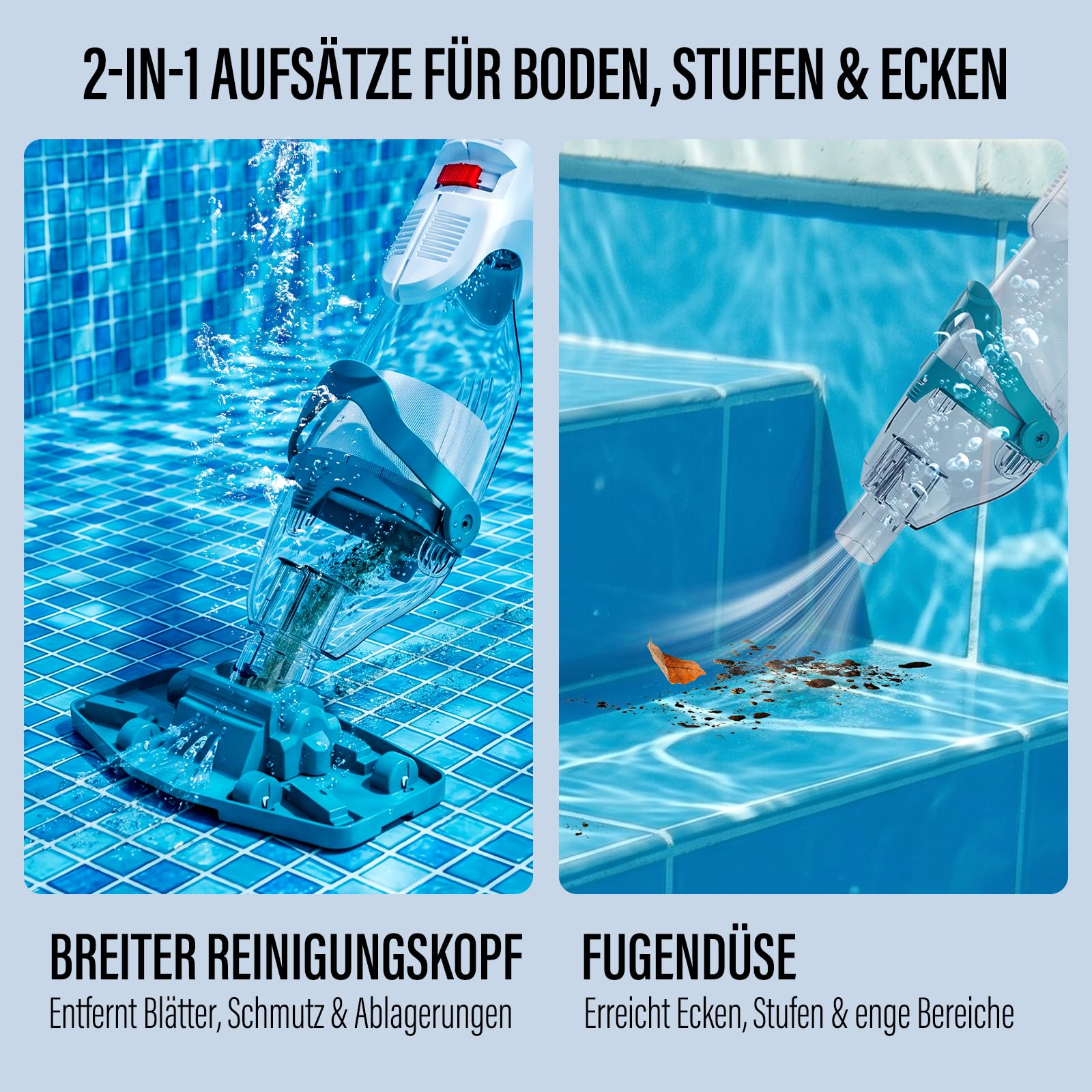 STARRYBOT Poolsauger Akku mit Teleskopstange, kabelloser Hand-Poolsauger mit 2 Reinigungsmodi, 72 l/min, 3 Filterbeutel, 60 Min Laufzeit, für Aufstellpool, Whirlpool & Spa, Blau