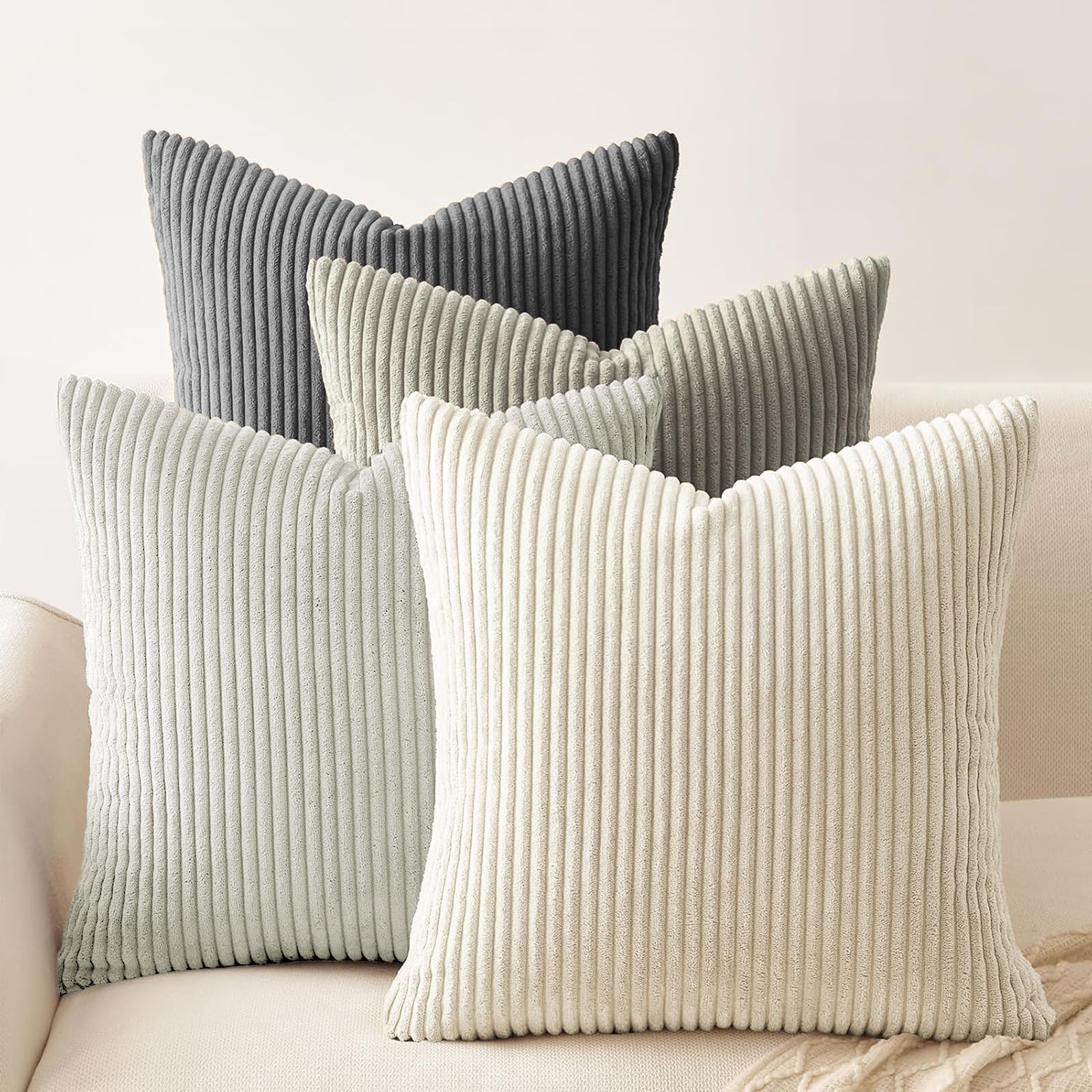 Set of 4 Corduroy Soft Striped Cushion Covers 45x45 cm, Boho Decorative Square Throw Pillow Covers 18x18 Inch with Invisible Zipper for Sofa Couch Bedroom Home Decorative Fluffy Large Pillowcases