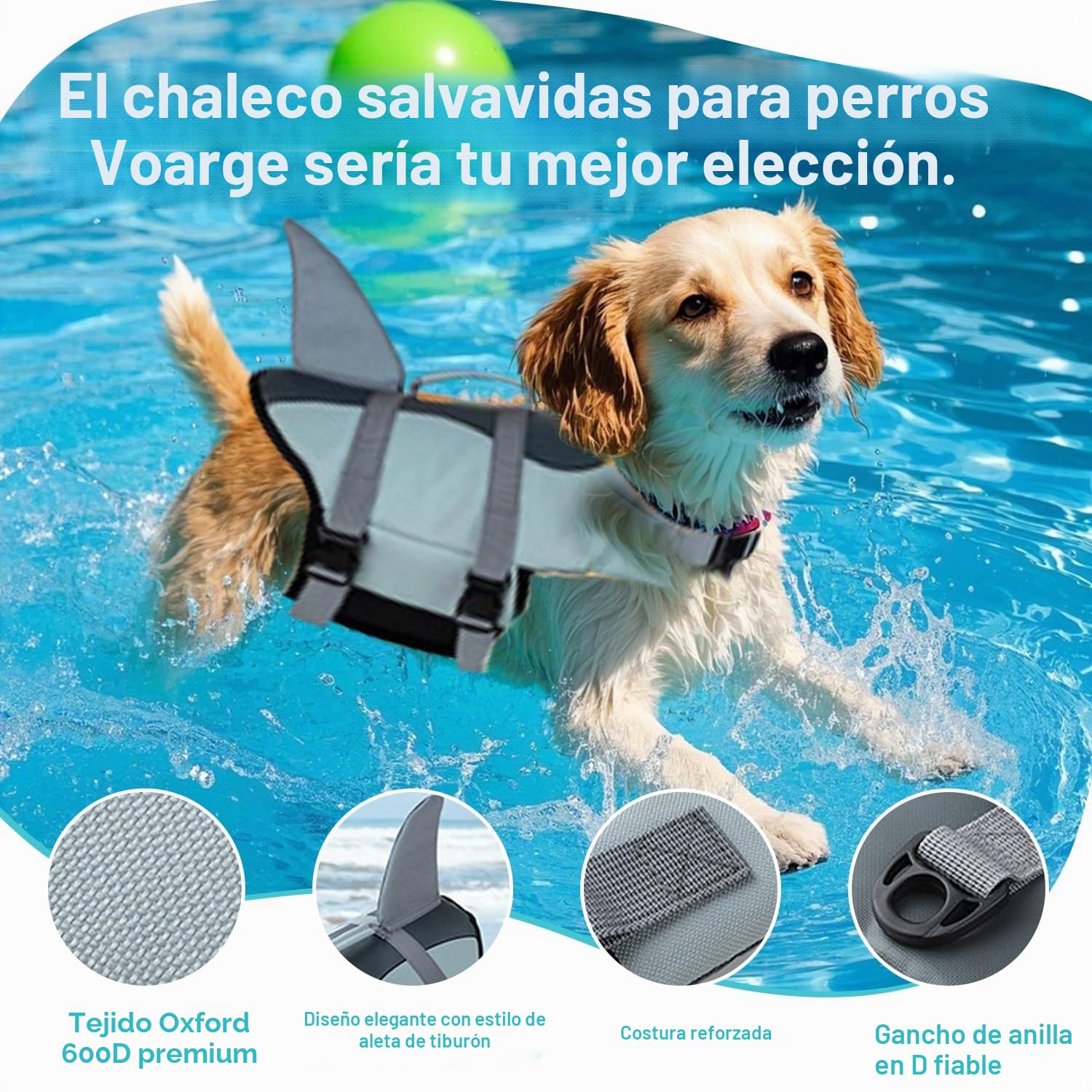 Chaleco salvavidas para tiburones con asa y reflector, chaleco de seguridad para mascotas (gris, XL)