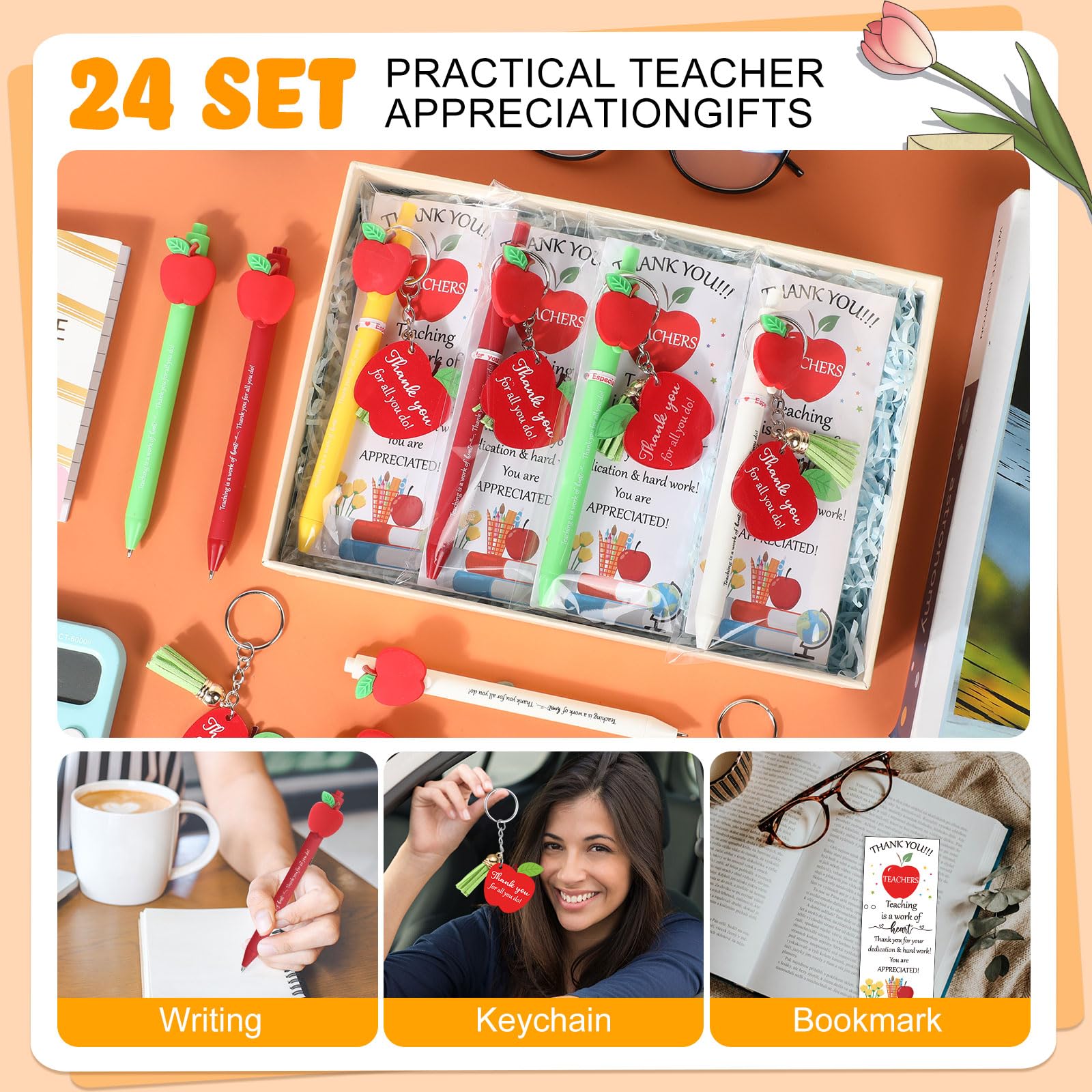 Kosiz 24 Sets Teacher Appreciation Gifts Bulk for Women Men Include Retractable Ballpoint Pens Thank You Keychain End of Year Gifts Greeting Card with Ties(Apple)