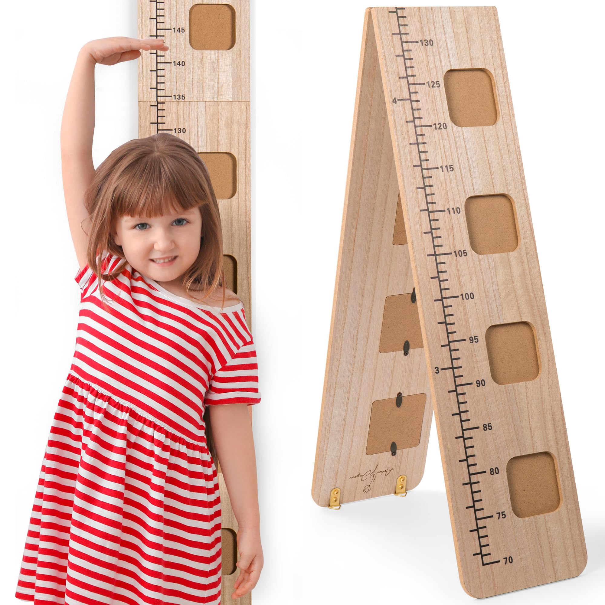 Asha Jayne Wooden Growth Chart for Wall - Foldable Height Chart for Kids with Picture Slots - Milestone Tracker Measuring Board with Mounting Hooks - Easy Installation, Smooth Finish, Neutral Color