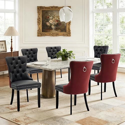 Miniatura 108 de Juego de 6 sillas de comedor de cuero, sillas laterales con respaldo alto, silla lateral tapizada moderna con anillo trasero de botón, patas de negro