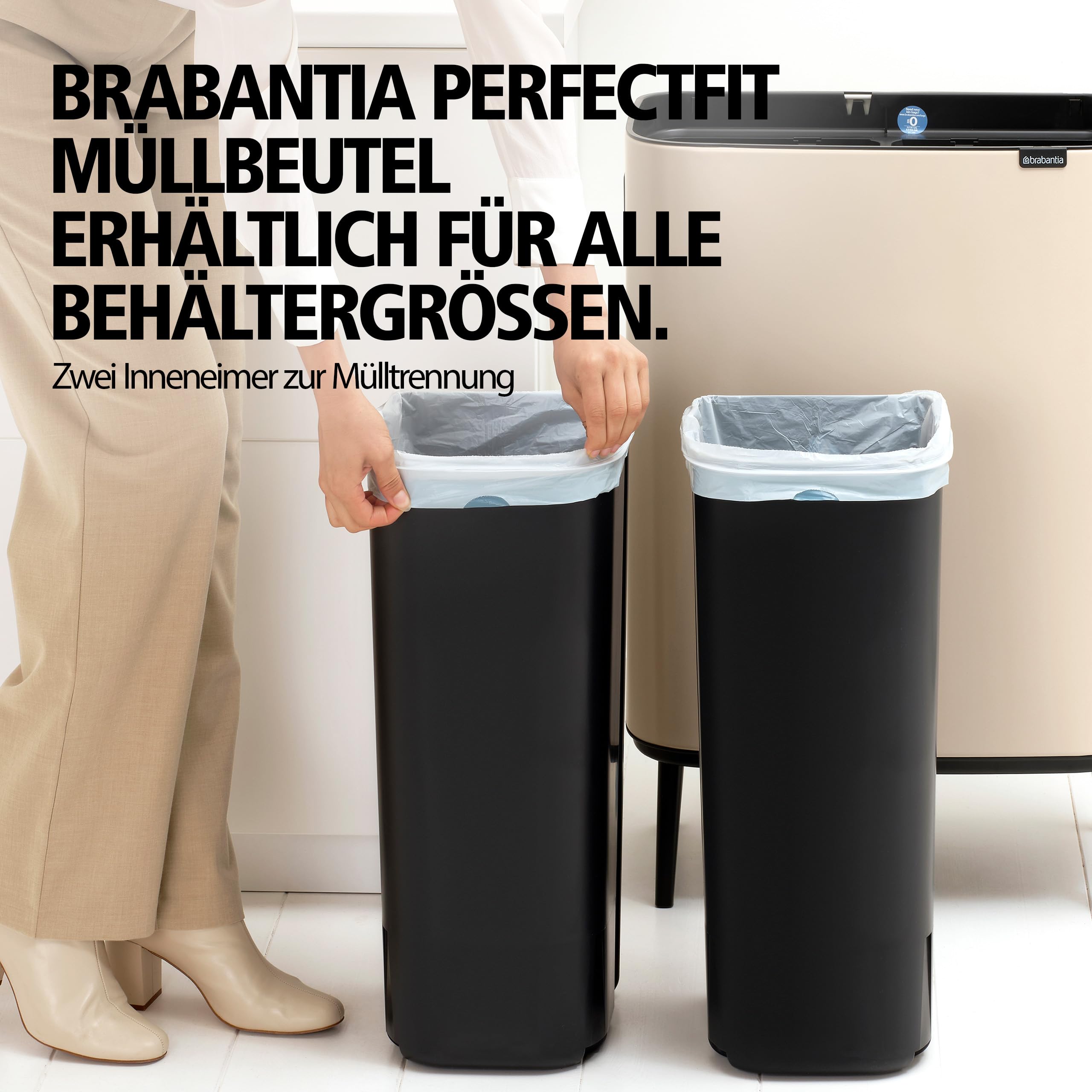 Brabantia Bo Touch Bin Hi Küchenmülleimer 2 x 30 l - Abfalleimer mit Soft-Touch-Öffnungssystem | Platzsparender Restmülleimer mit zwei Inneneimern für die Küche | Soft Beige