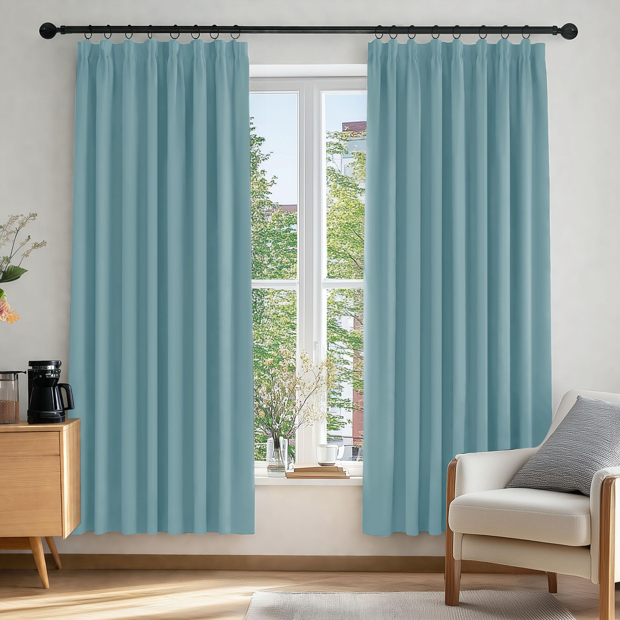 Deconovo Sky Blue Blackout Curtains Super Soft Room Darkening Pencil Pleat Blackout Curtains For Bedroom 52X72 Inch 2 Panels