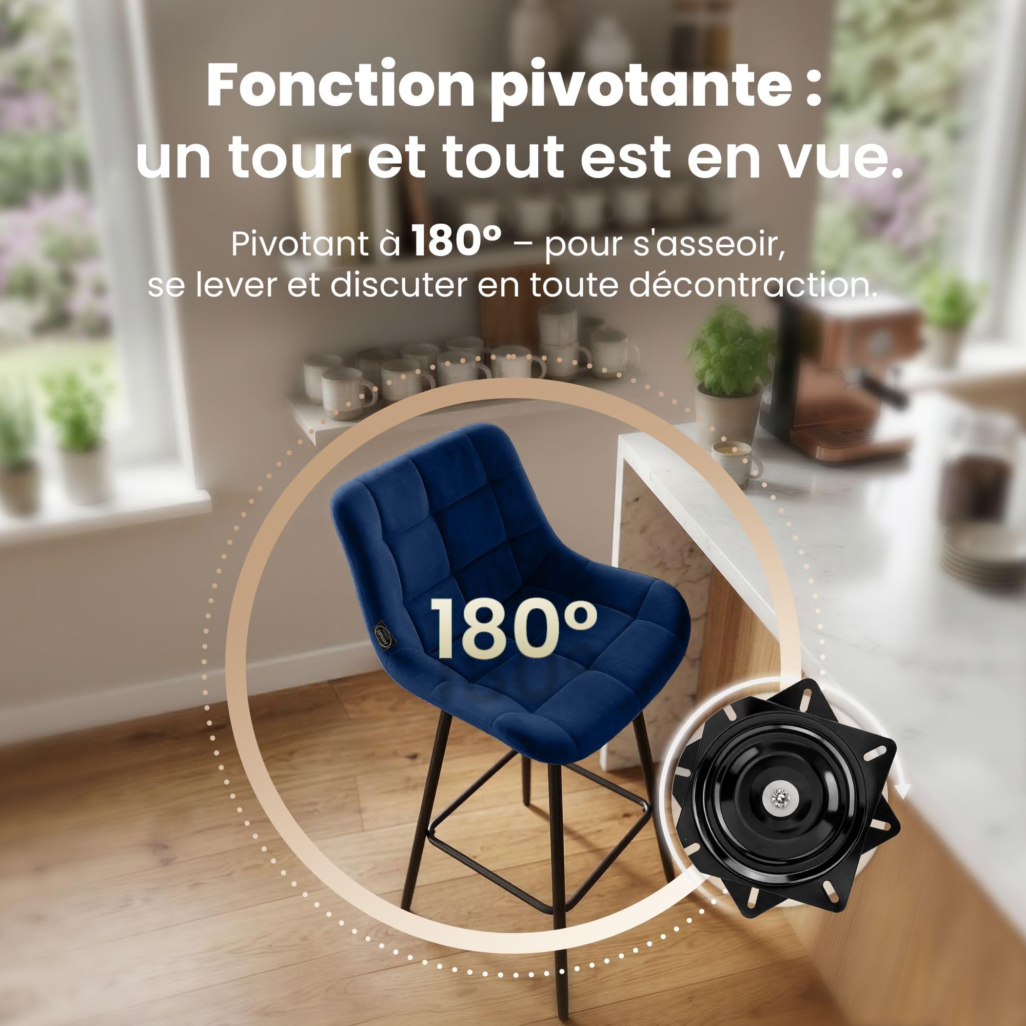 CLP Lot de 4 tabourets de Bar Weston avec Dossier, pivotement 180 degres avec Retour Automatique, Assise rembourree, Pied Metal Stable | Couleur Bleu Matériel Velours