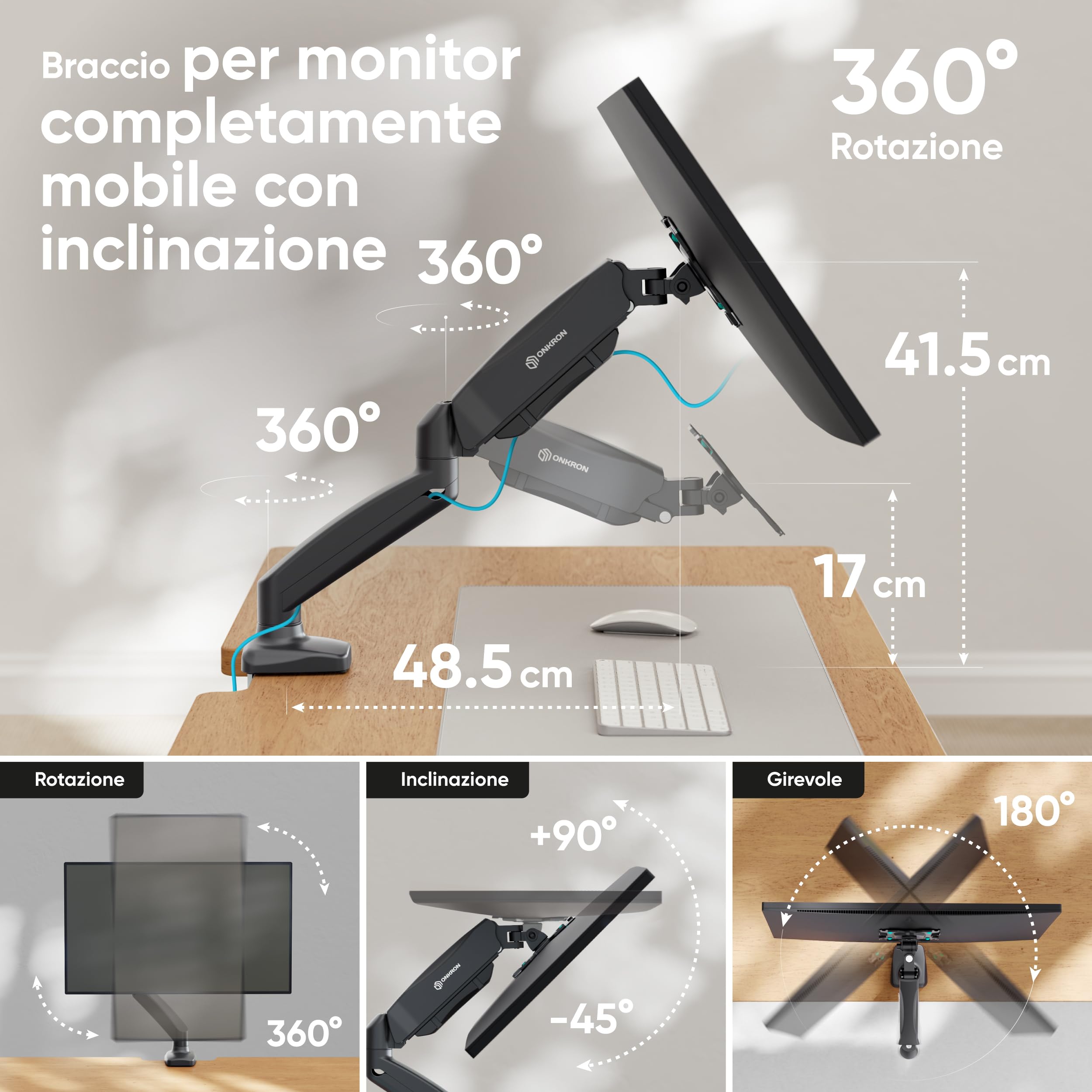 ONKRON Supporto Monitor da 13 a 32 pollici - Braccio Monitor Scrivania con Peso fino a 8 kg - Staffa Monitor Scrivania Universale con max VESA 100x100 mm/Supporto TV Girevole e Inclinabile G80-B Nero