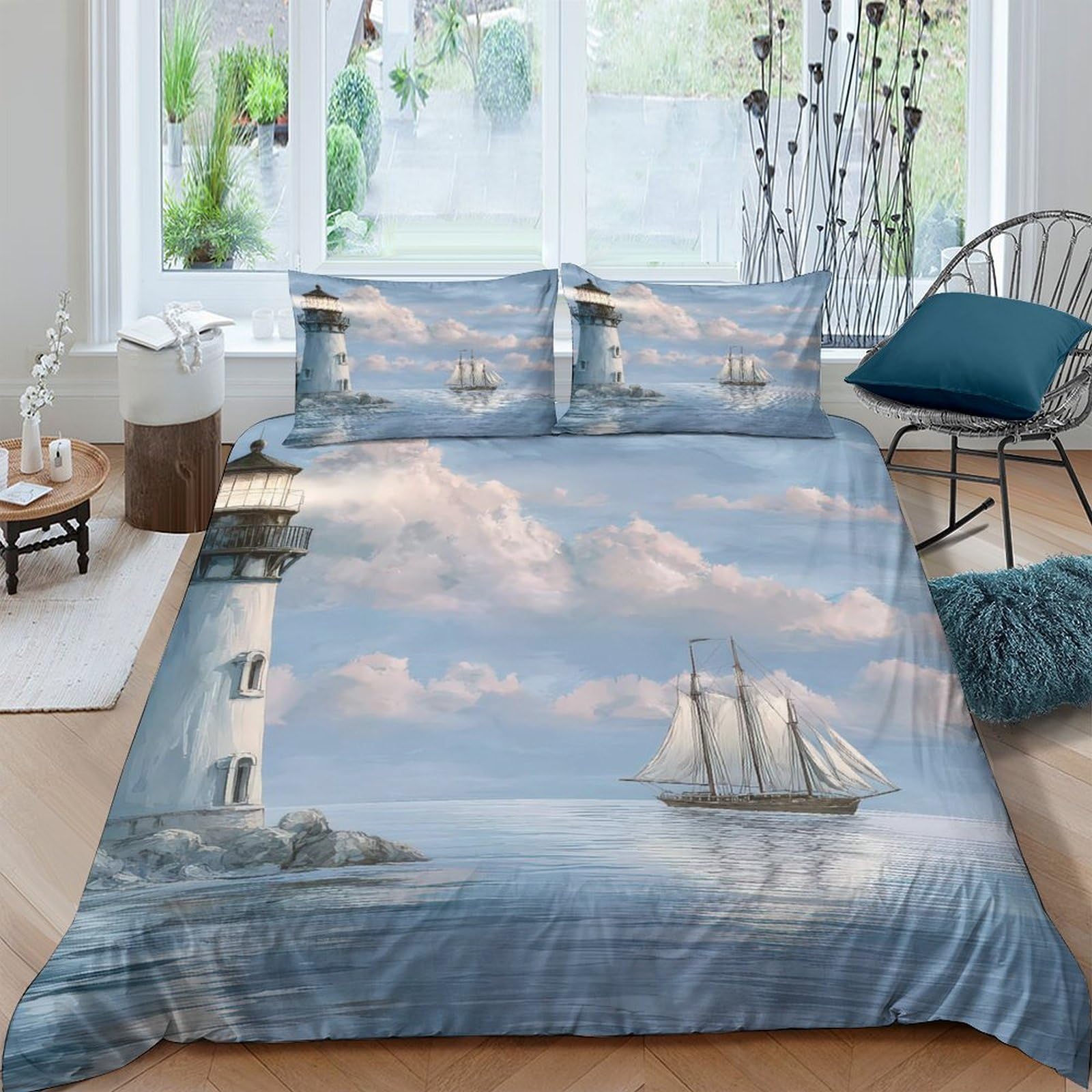 GPLZQXKJNH 3D Printed Lighthouse Sailboat Duvet Cover Set Microfiber Soft Breathable Nautical Bedding for Bedroom Home Decor, 2 Pillowcases Single（135x200cm）