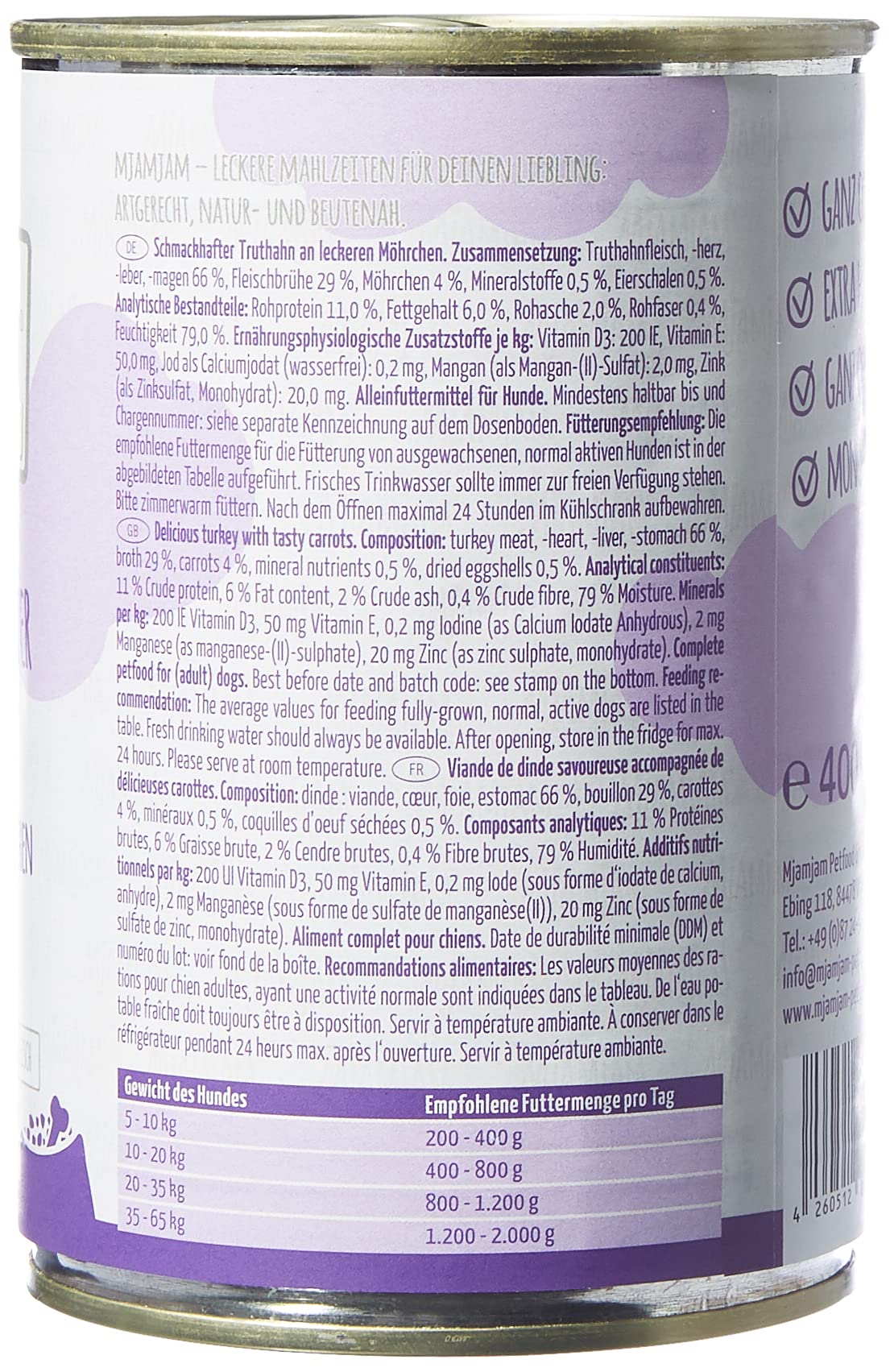 MjAMjAM - cibo umido premium per cani - gustoso tacchino con deliziose carote, confezione da 6 (6 x 400 g), senza cereali con carne extra