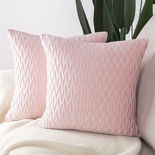 Miniatura 2 de MADIZZ Juego de 2 fundas de almohada decorativas de terciopelo súper suave de 18 x 18 pulgadas, cuadradas de color rosa claro con textura, estilo de