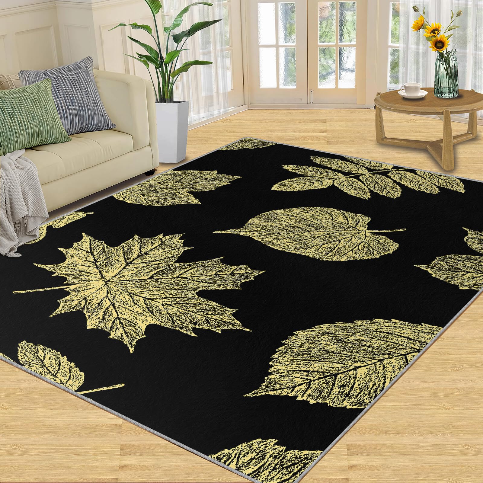 Tapis feuilles vintage en or noir d'exception, grand format chic 150x210cm