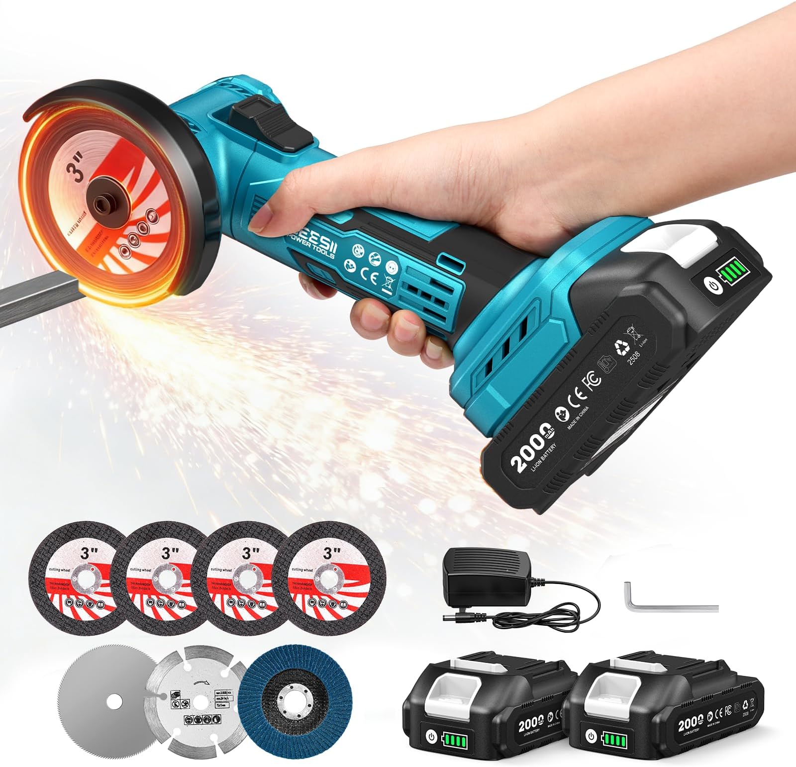 - Cordless Mini Angle Grinder: 3-Inch Brushless Angle Grinder 19000 RPM with 2pcs 21V 2.0Ah Batteries, 7pcs Cutting Discs, 210W Power Electric Grinder Tool for Metal Wood Polishing Rust Removal