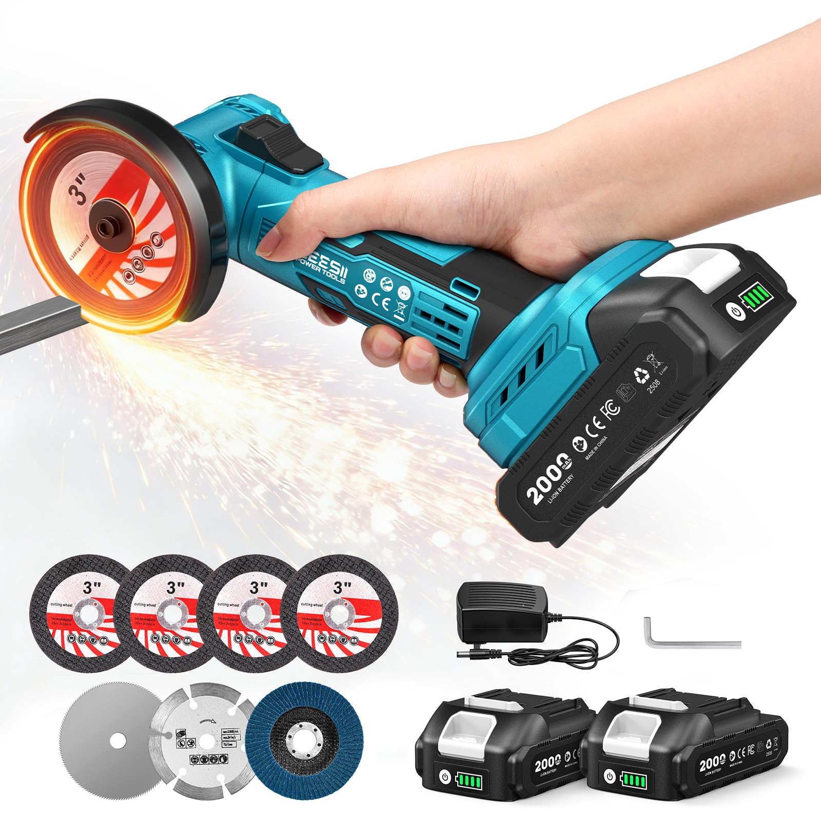 SEESII Cordless Mini Angle Grinder: 3-Inch Brushless Angle Grinder 19000 RPM with 2pcs 21V 2.0Ah Batteries, 7pcs Cutting Discs, 210W Power Electric
