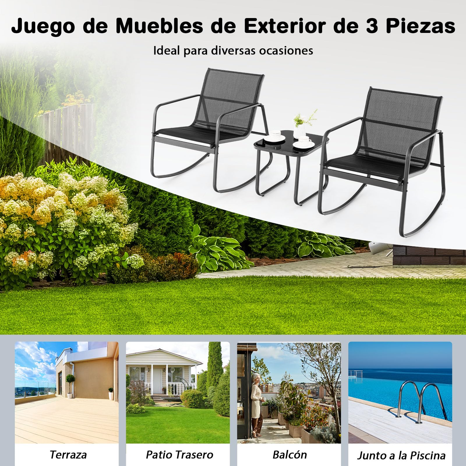 GIANTEX Juego de Bistró 3 Piezas, 2 Sillas Mecedoras de Tejido Transpirable, Mesa de Café con Tablero de Vidrio, Estructura de Metal, para 2 Personas, Conjunto de Muebles para Patio, Jardín (Negro)
