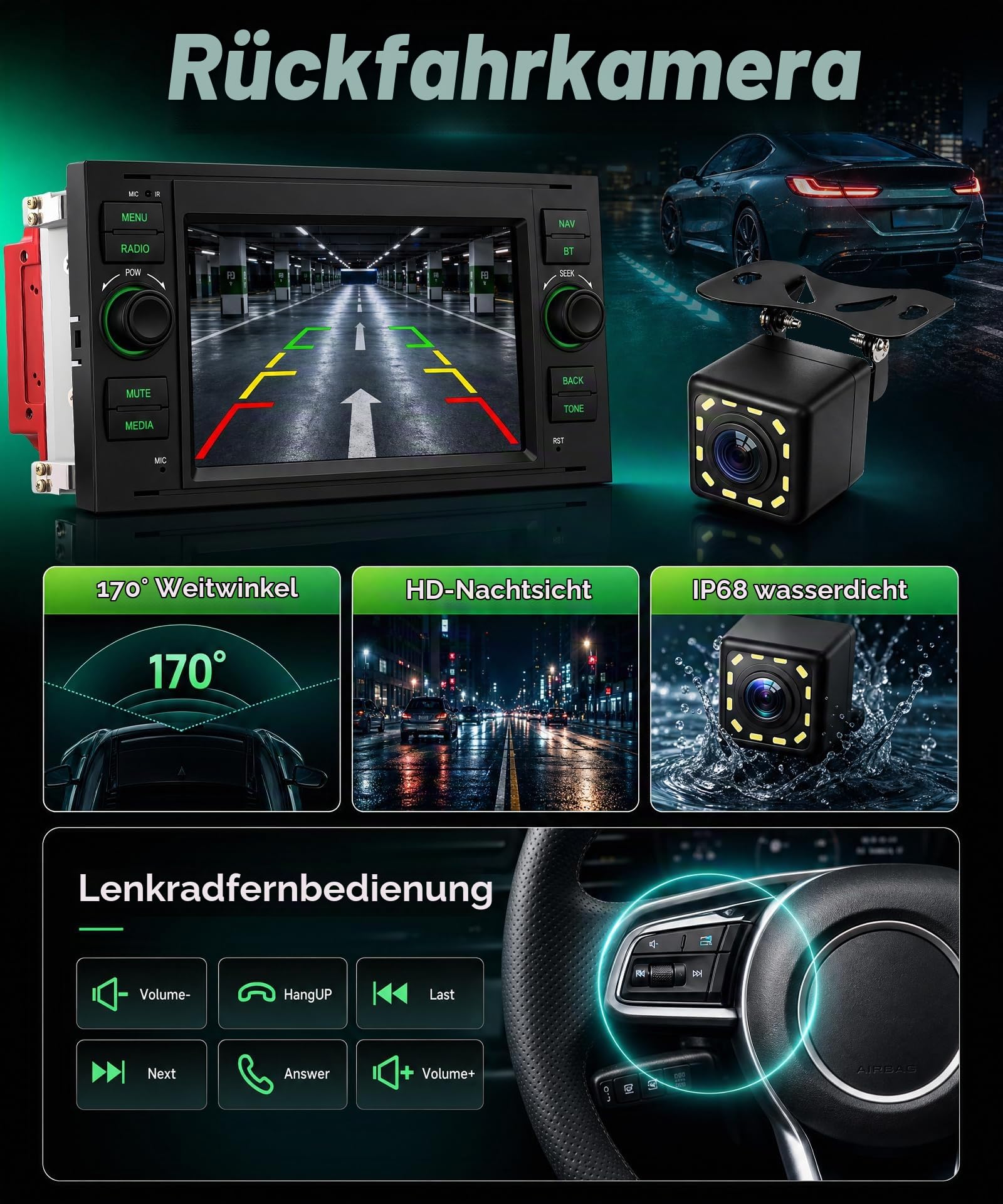 Rimoody Autoradio für Ford Focus C-Max S-Max Kuga Fiesta Transit Fusion Mondeo Galaxy Connect Wireless Carplay Android Auto Bluetooth FM/AM/RDS, 7 Zoll Touchscreen Radio EQ/SWC/USB/Navi Rückfahrkamera