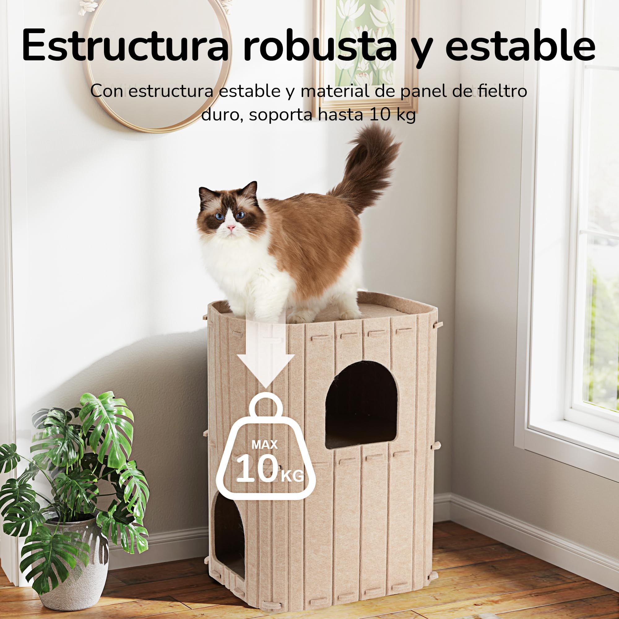 FUKUMARU Cueva Estable de Fieltro para Gatos, Cama de 3 Capas, para Dormir, Jugar y Esconderse, Beige, 45 x 37 x 60 cm, Grande, Beige