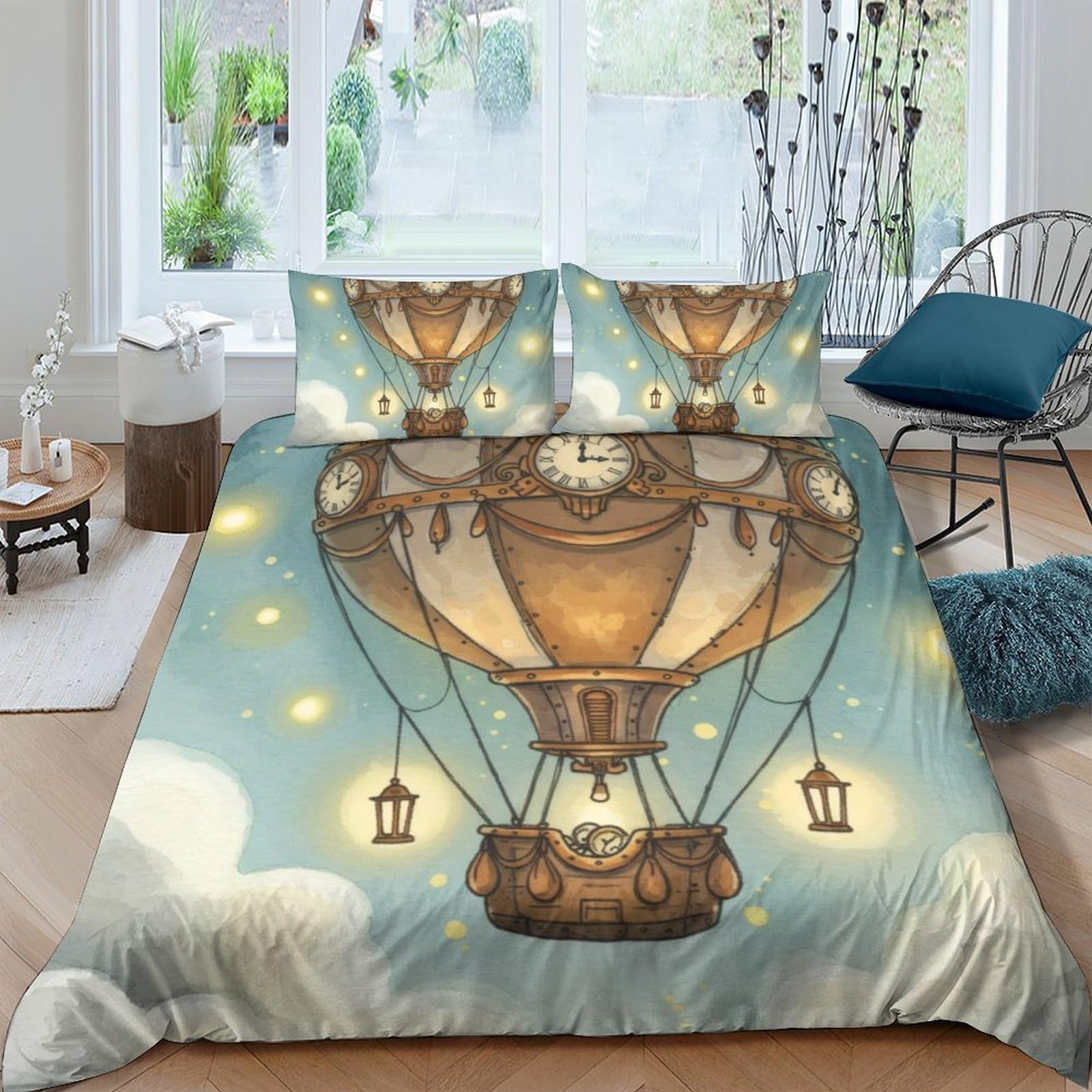 Ctjqhvkz Style-4 3D Printed Vintage Hot Air Balloon Fitted Sheet Microfiber Soft Blue Night Sky Bed Cover For Bedroom Dorm Decorative Mattress Protection Single（135X200cm）